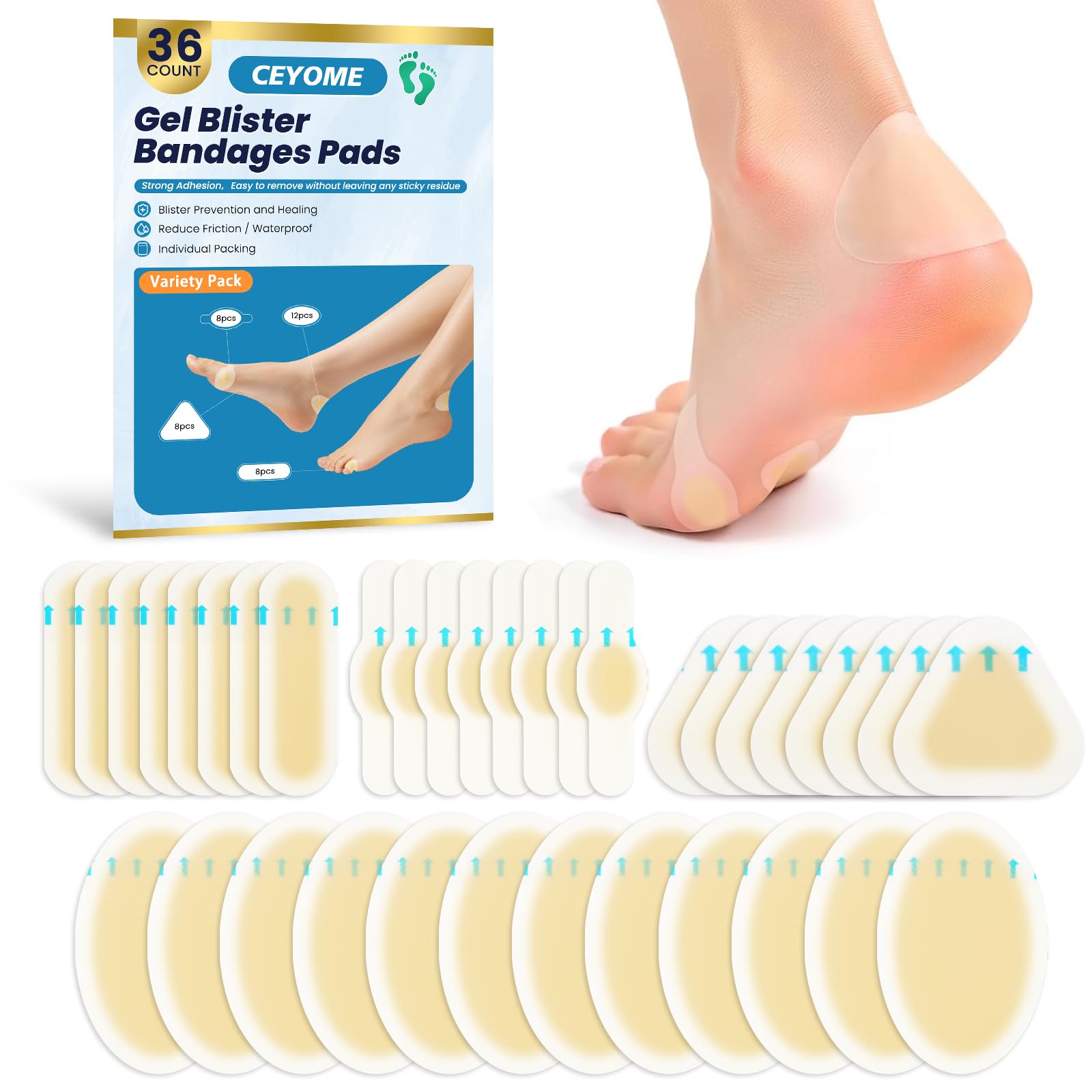 Gel Hydrocolloid Blister Bandages for Feet - 36 ct Water Resistant Blister Cushion Pads for Toe & Heel | Prevention & Recovery for Walking, Travel &