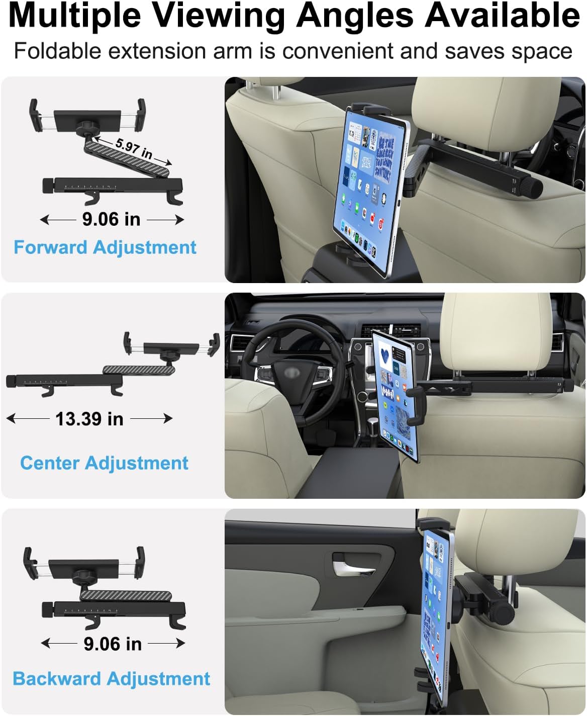 Car Headrest Tablet Holder for Backseat, Anti-Shake Adjustable Arm Mount, Foldable Tablet Holder for Car, Keeps Kids Entertained on Road Trips, Fits iPad Pro/Air/Mini & 4–13” Devices