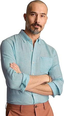 Bonobos - Mens Linen Long Sleeve Shirt, Color Teal Oxnard Stripe, Size Small x Regular