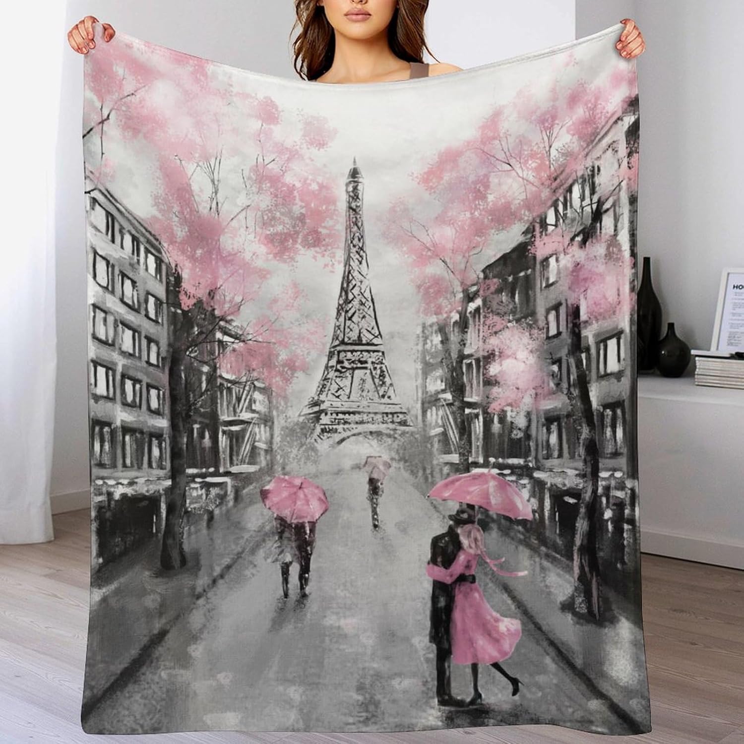 Paris Blanket Vintage France Scenery Eiffel Tower with Lover Couple Pink Tree City Landscape Soft Cozy Lightweight Throw Blanket for Girls Women Bedroom Living Room Dorm Chair Sofa Travel 60x80in