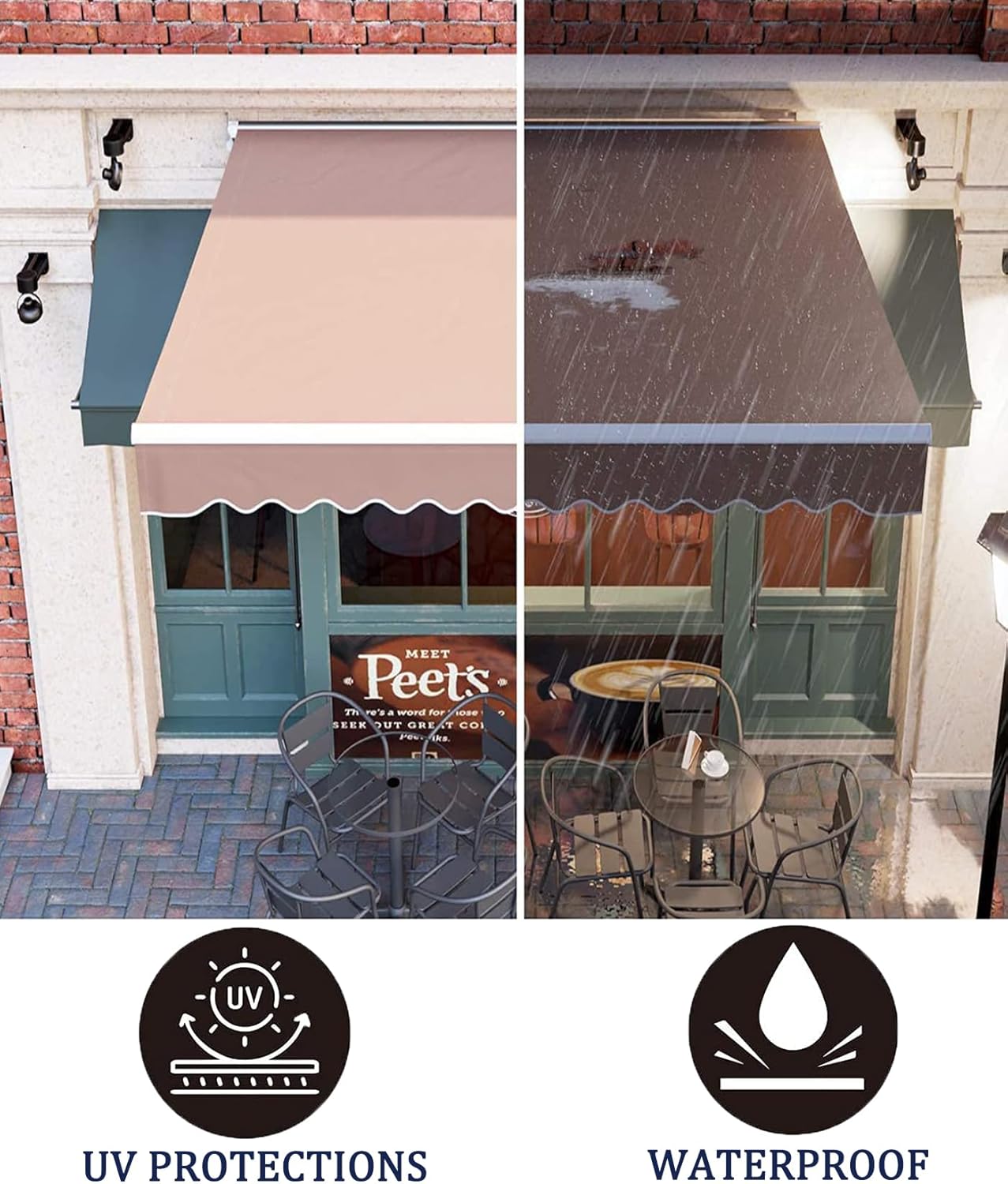 20' x 10' Retractable Patio Awning Replacement Fabric Cloth, Durable Exterior Sunshade Canopy Cloth, Reinforced Multi-Purpose Waterproof Protective Awning Cover, Brown