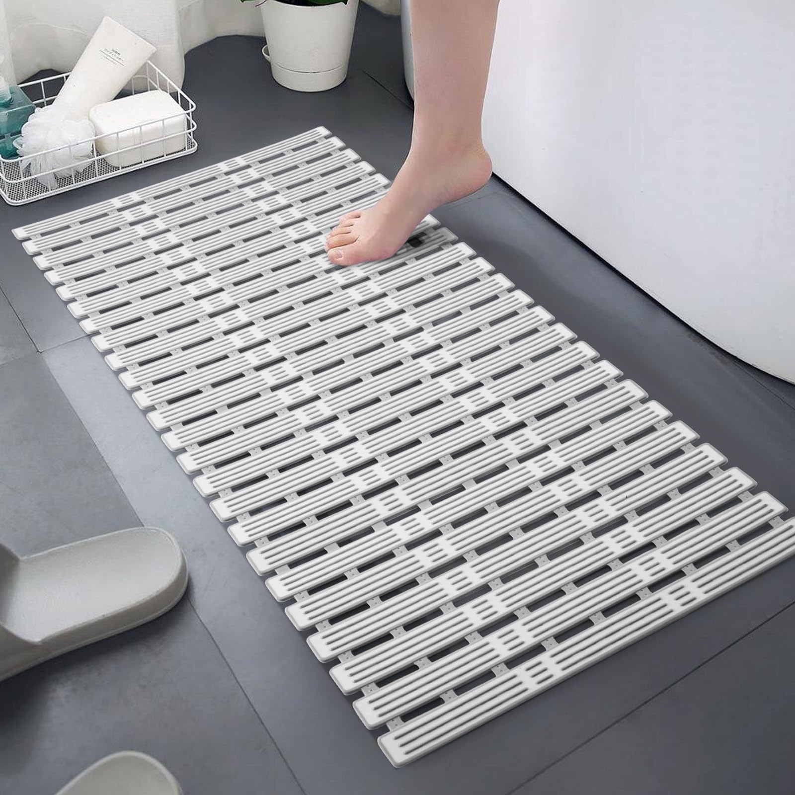 Shower Mat 90x40cm Non Slip Cut to Size TPE Long Bath Mat Non Slip Shower Mats for Inside Shower Anti Slip Shower Mat with Suction Cups Rubber Bath Mat (Gray)
