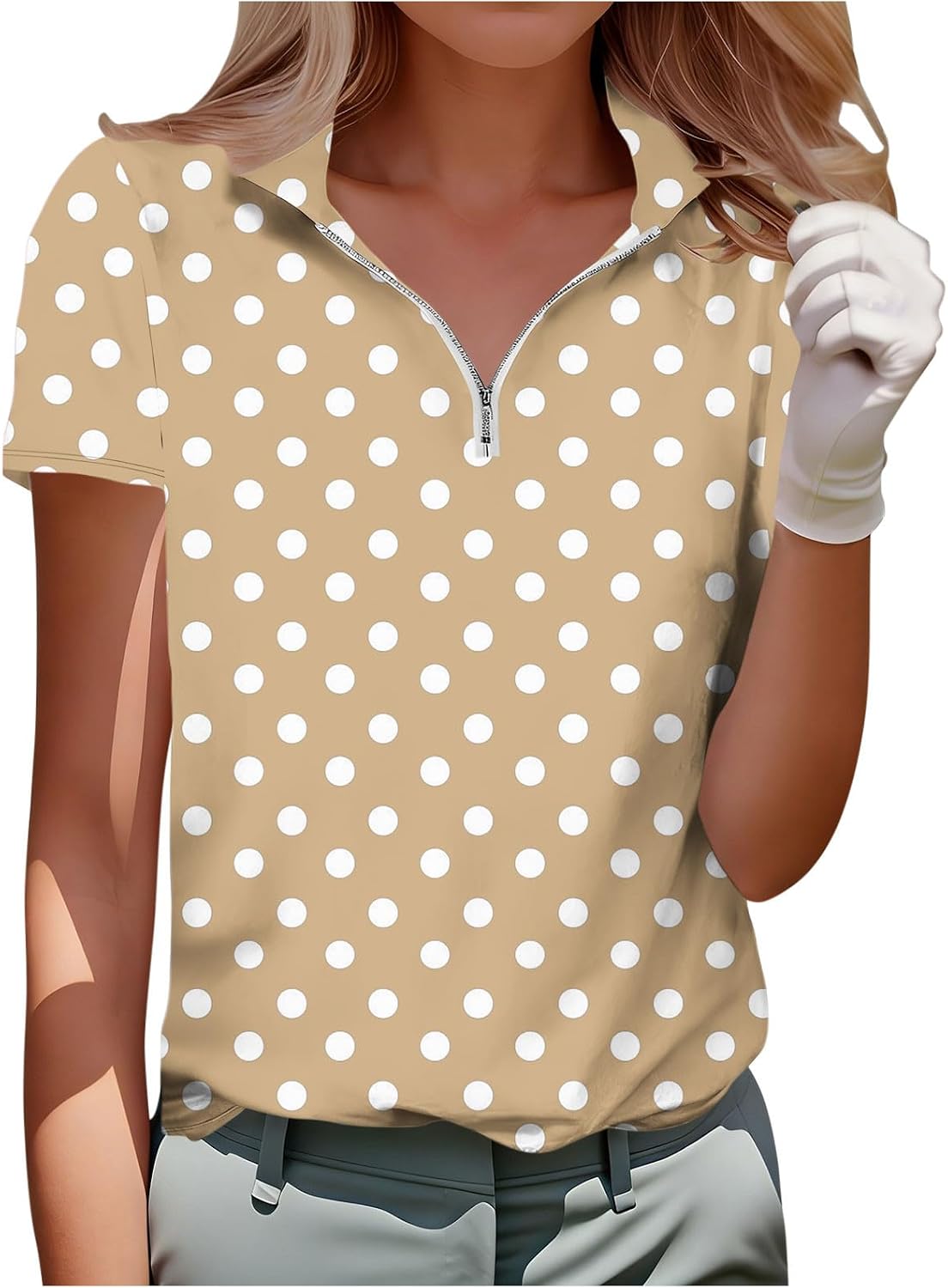 Womens Half Zip Tops Polka Dot Printed Summer Short Sleeve Casual Loose Fit Blouses Fashion Spring Dressy T Shirts