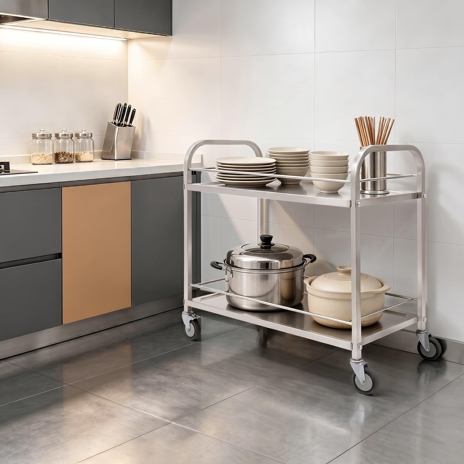 Carrito de cocina de acero inoxidable con 2 niveles para cocina, restaurante | Carrito de cocina con barandilla elevada para cocina, hotel, restaurante y catering