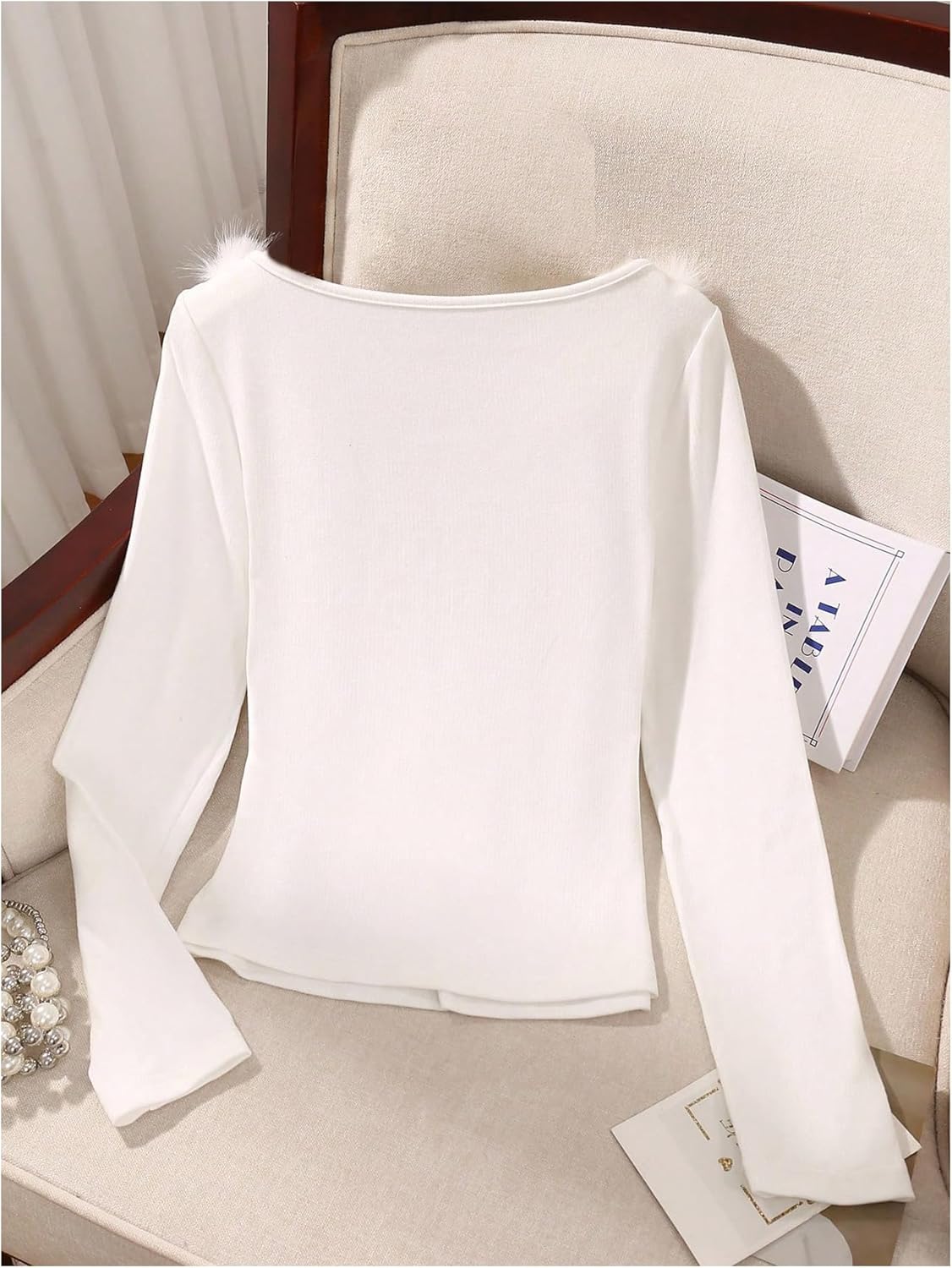 Verdusa Women's Faux Fur Collar T Shirts Y2k Basic Tees Slim Fitted Tops Spring Outfits - Image 3