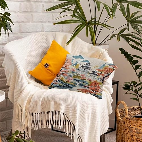 Miniatura 6 de Chinoiserie - Funda de almohada de lino de arpillera de 24 x 24 pulgadas, diseño de pagoda asiática, color blanco, azul coral, funda de cojín
