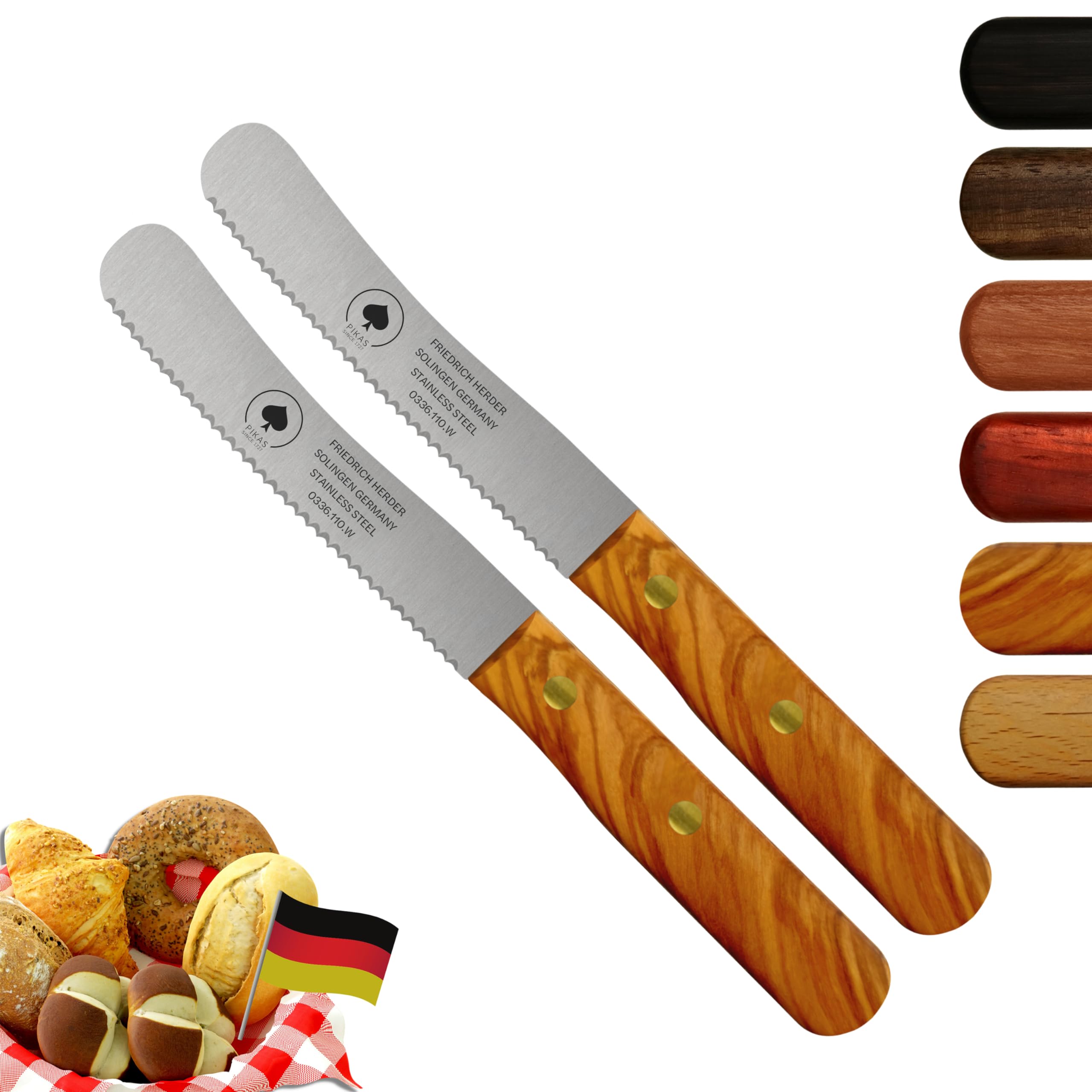 Solingen Messer, 2er Set Olive Holzgriff, Wellenschliff, Premium Buckelmesser, Klinge rostfrei 11cm - Küchenmesser, Brotmesser, Frühstücksmesser, Dünnschliff & Handabzug, Made in Germany