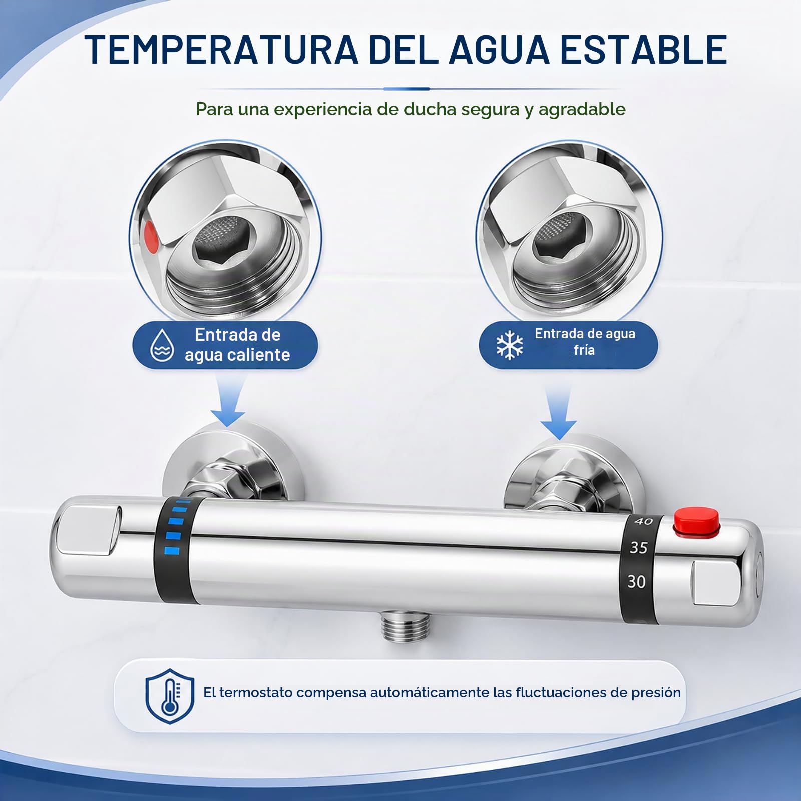 Grifo Ducha Termostático con Botón de Seguridad 38°C para Baño Moderno G1/2 | Cuerpo de latón cromado con conexión G1/2; mantiene una temperatura constante y ayuda a prevenir cambios bruscos y quemaduras