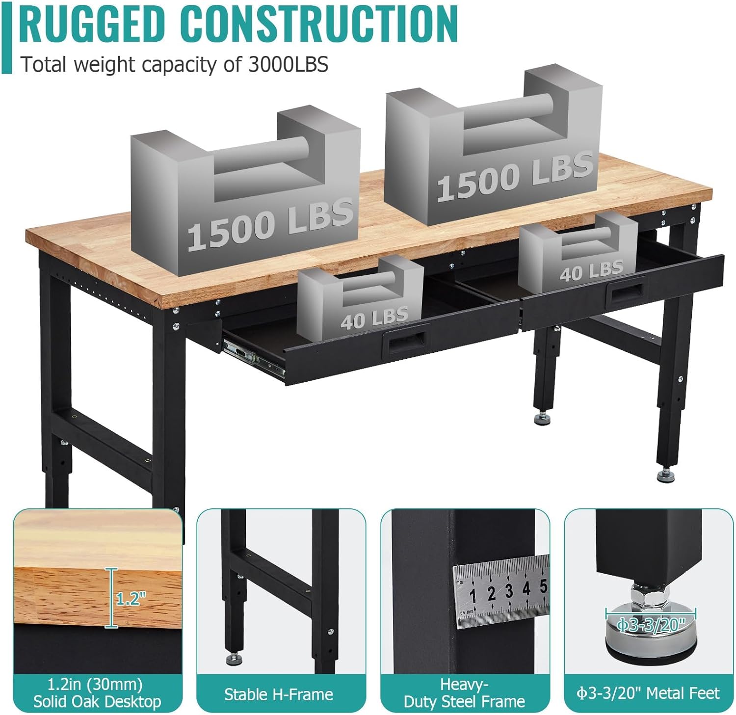 60" Adjustable Workbench, 3000 Lbs Capacity Heavy-Duty Work Bench Table with Power Outlet & Pegboard, Rubber Wood Top Garage Work Table with 2 Drawers & Pegboard for Workshop, Garage, Office