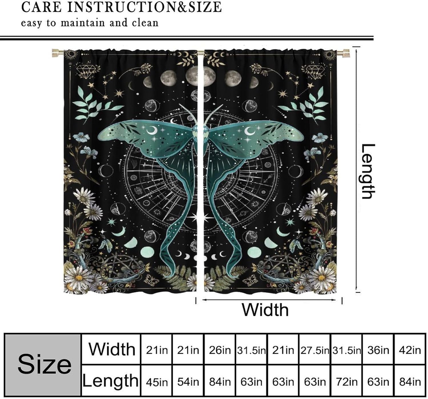 Moth Witchy Gothic Blackout Curtains for Kitchen,Rustic Moon Phase Teal Wildflower Plant Mysterious Night Moonlight Butterfly Plant Tarot Window Treatments for Girls Bedroom Bathroom 72x63in