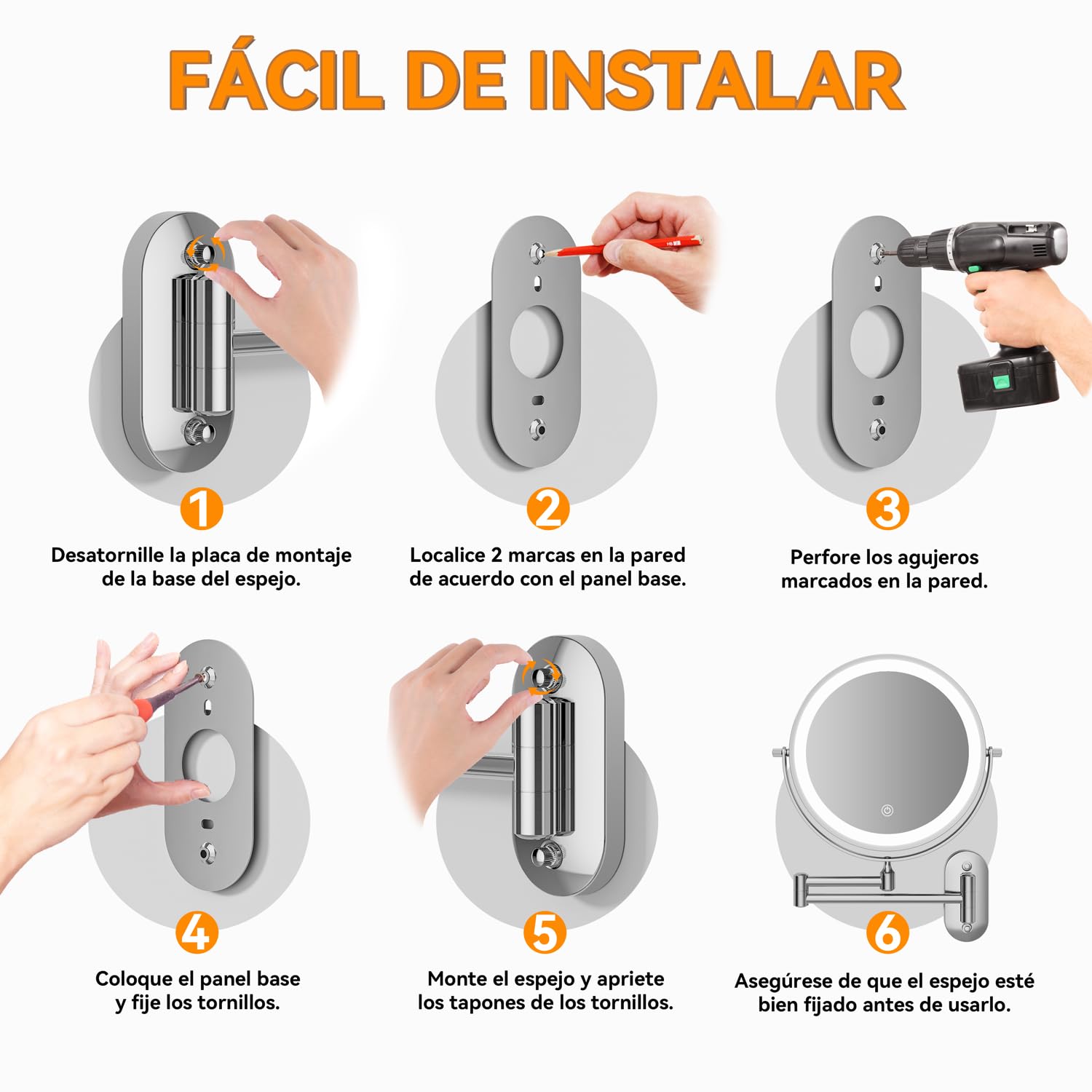 Auxmir 8″ Espejo Maquillaje con Luz para Pared Recargable 3200mAh, 1X/30X Aumento Doble Cara Giratorio 360° Brazo Extensible, 3 Colores y Brillo Regulable, para Baño Hotel, Plata