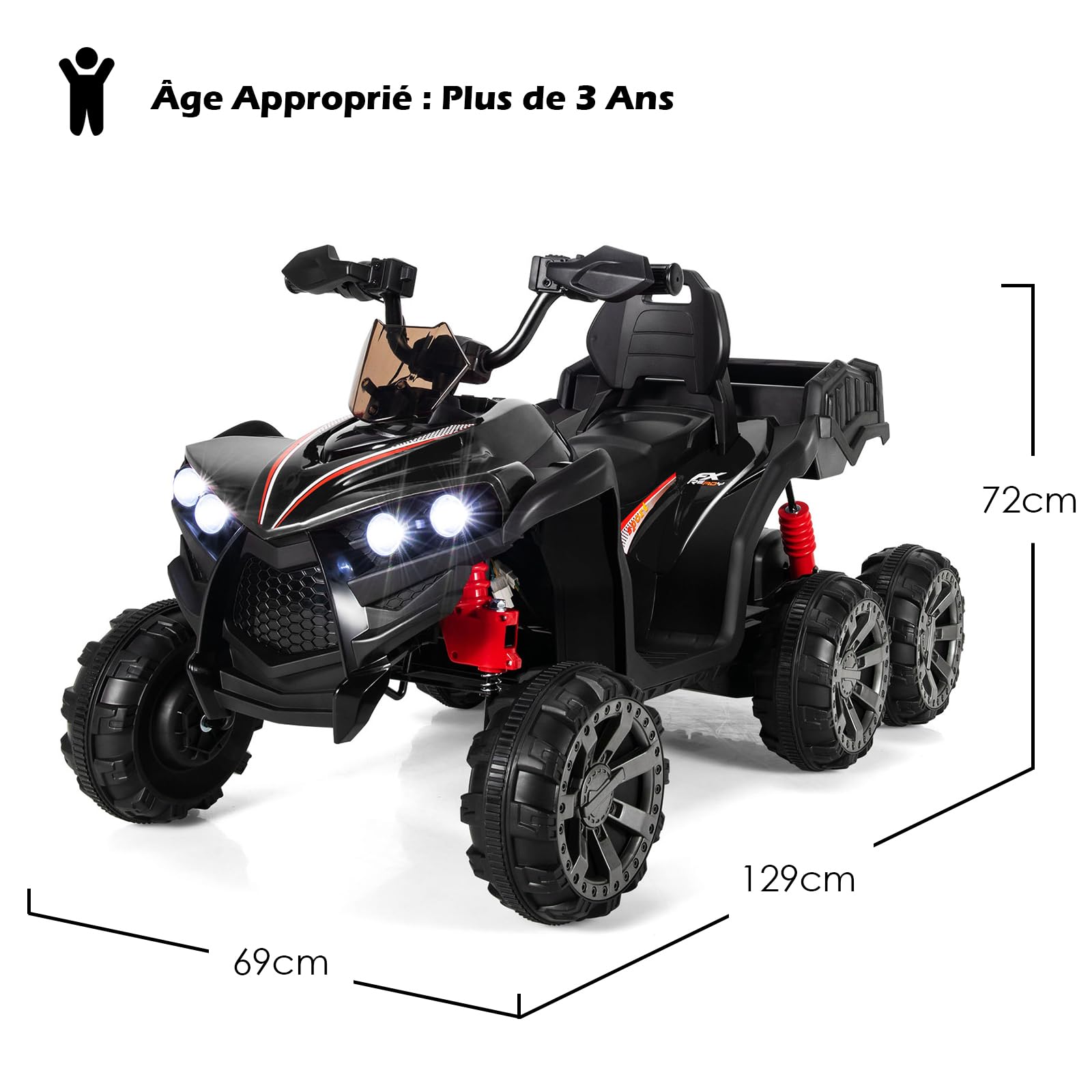 GOPLUS Voiture Electrique Enfants 12V avec 6 Roues 3-6 km/h, Quad Electrique Enfants à Batterie 3-8 Ans Lumières LED, Musique Charge 30KG (Noir)
