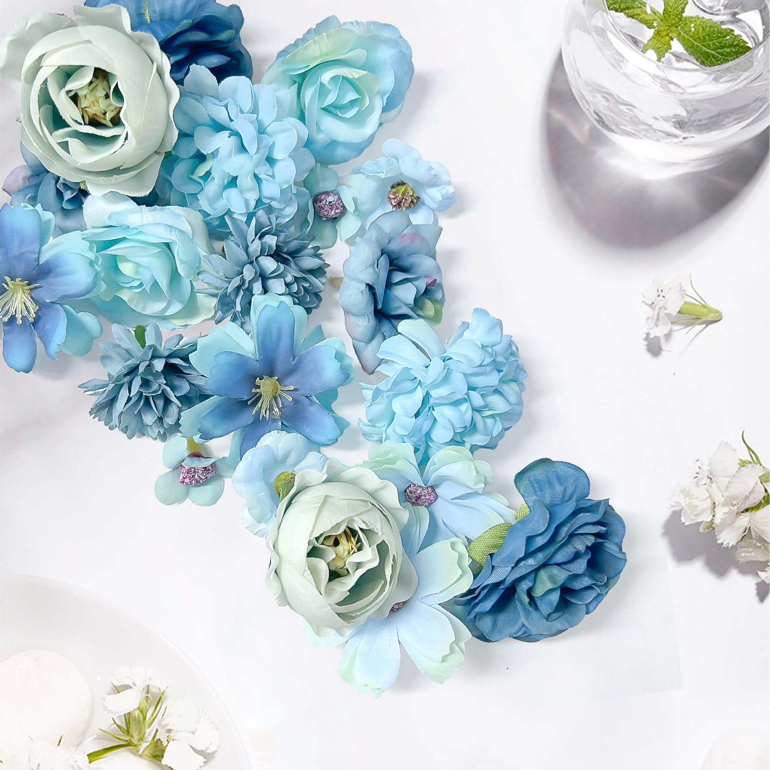20 Teste Di Fiori Artificiali In Seta, Blu E Multicolori, Per Decorazioni Fai Da Te, Matrimoni, Feste E Giardino - 3