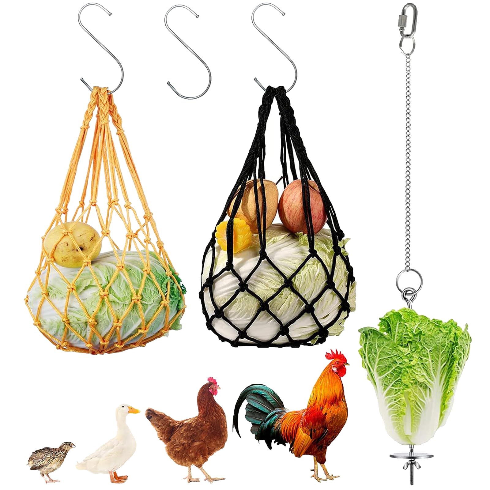 Ketilrub - comedero gallinas de Pollos para Colgar en PE y Metal con 3 Ganchos y Cadena, Bolsa de Comida antidesperdicio para Pollo para Verduras y Frutas