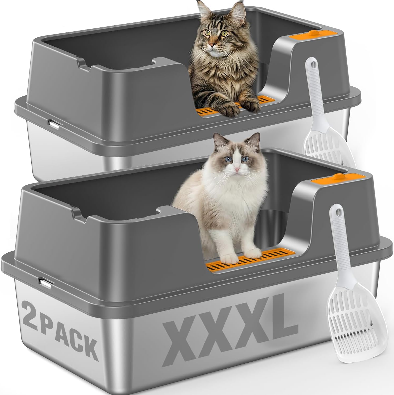 OROLEY 2PACK Stainless Steel Litter Box with High Sides Lid, Extra Large XXXL Litter Box for Big Cats, Metal Kitty Litter Boxes with Anti-Leakage Enclosure,Non-Stick