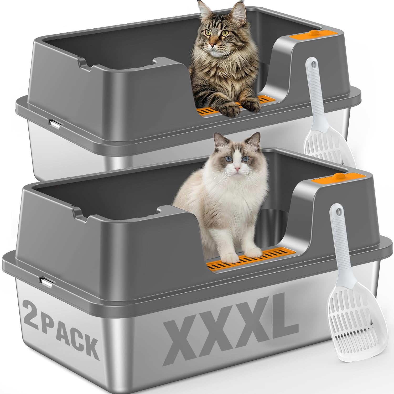 OROLEY 2PACK Stainless Steel Litter Box with High Sides Lid, Extra Large XXXL Litter Box for Big Cats, Metal Kitty Litter Boxes with Anti-Leakage Enclosure,Non-Stick