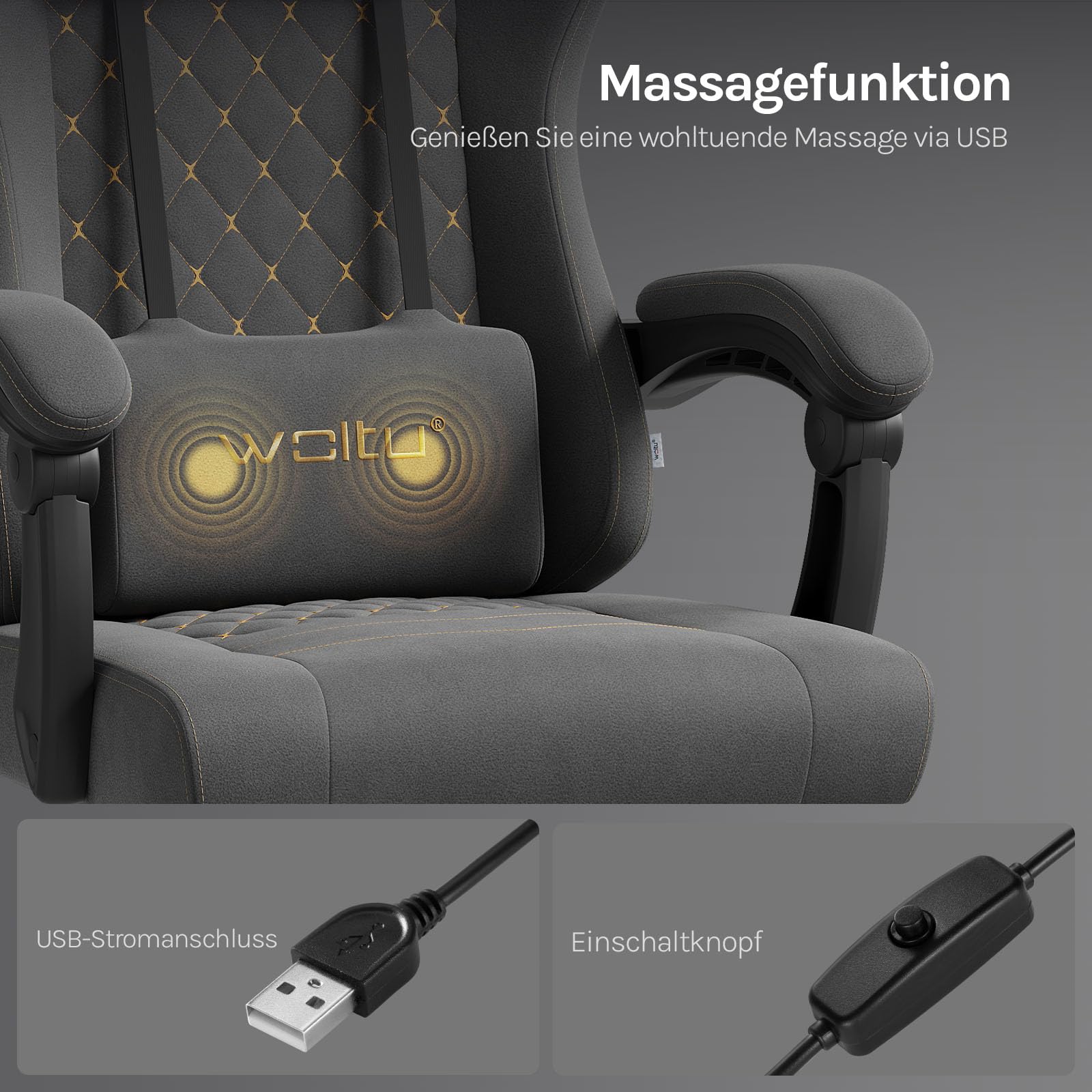 WOLTU Gaming Stuhl mit Massagefunktion, Computerstuhl Ergonomisch, Taschenfederkissen, Lendenmassage, Kopfkissen, Fußstütze, Drehstuhl, 150 kg, Tech-Stoff, Grau+Gelb
