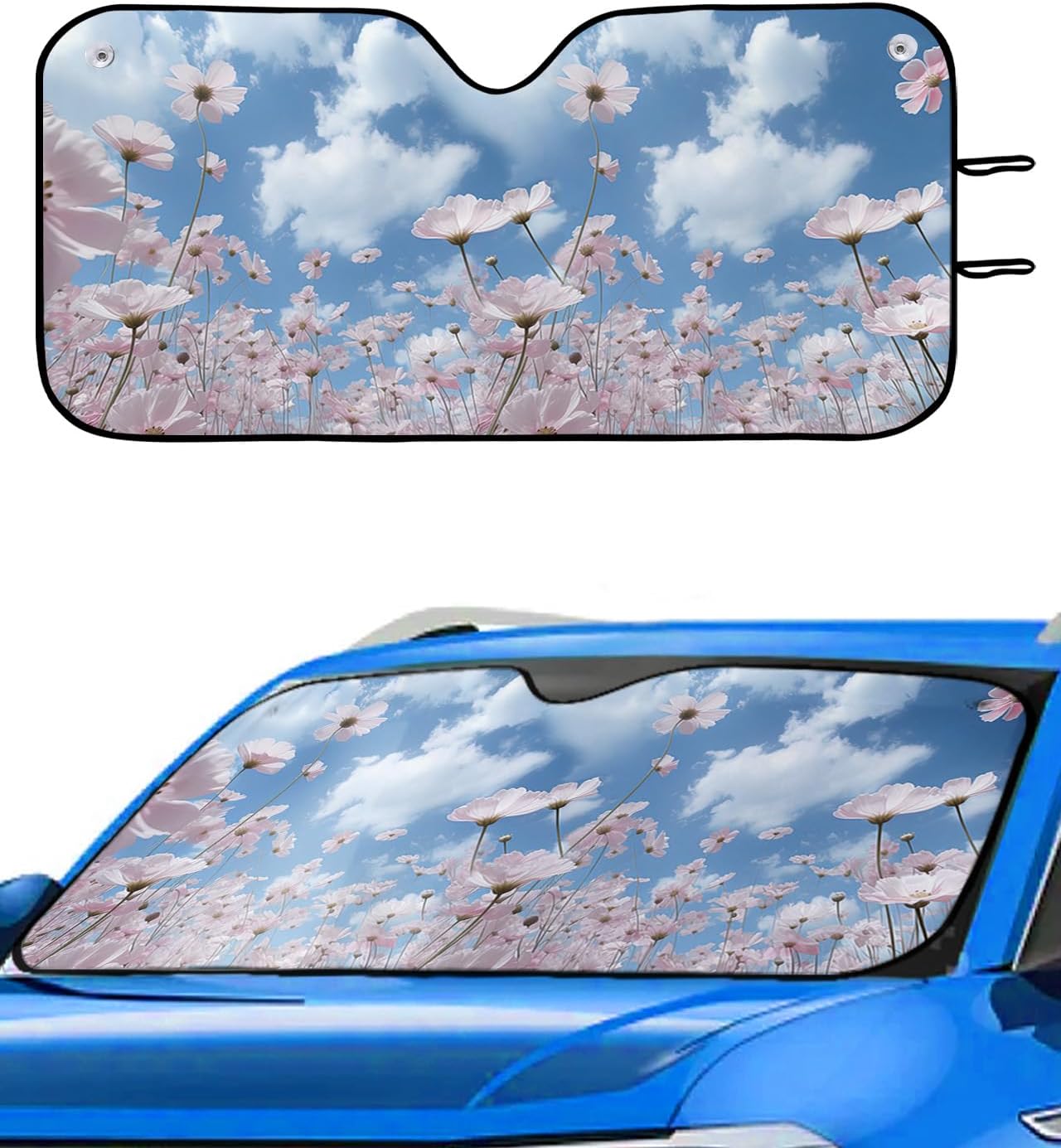 Front Car Windshield Sun Shade 27.5x55in, Pink Flowers with Blue Sky and White Clouds Foldable Car Sunshade Blocks Sun UV Rays Protector Car Sun Visor Protector Keep Cool Car Sunshade