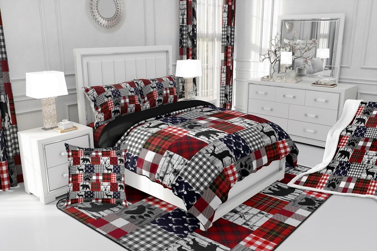 Erosebridal Rustic Patchwork Quilt,Checkered Buffalo Plaid Bedding Set for Kids Teens Adult,Woodland Wildlife Bear Moose Elk Pine Trees Pattern Queen Comforter Set Farmhouse Decorations,