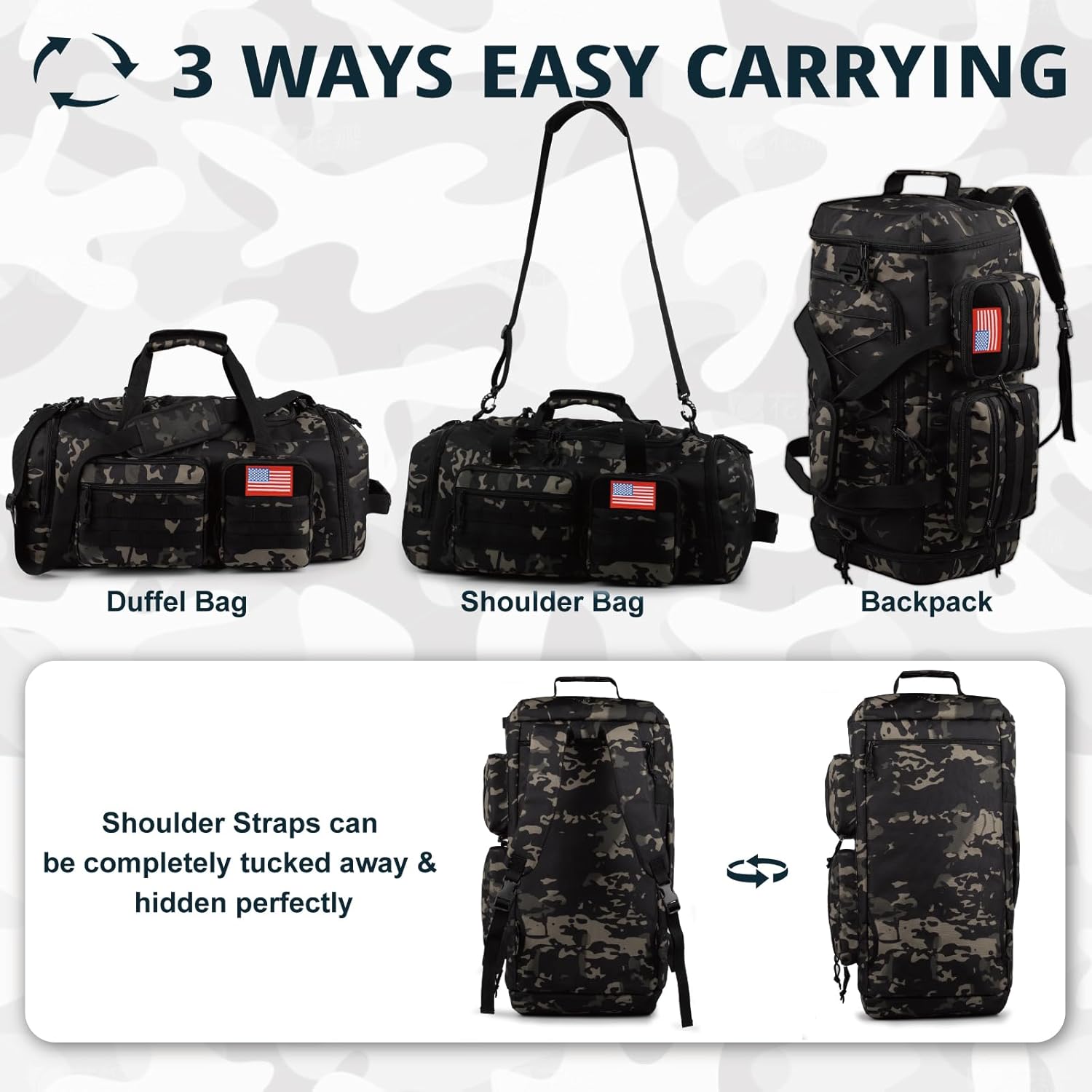 Tactical Gym Bag for Men,50L Large 3 in 1 Sports Duffle Bag with Shoes Compartment for Travel,Water Resistant Travel Backpack Weekender Overnight Bag with Wet Pocket for Women - Image 5