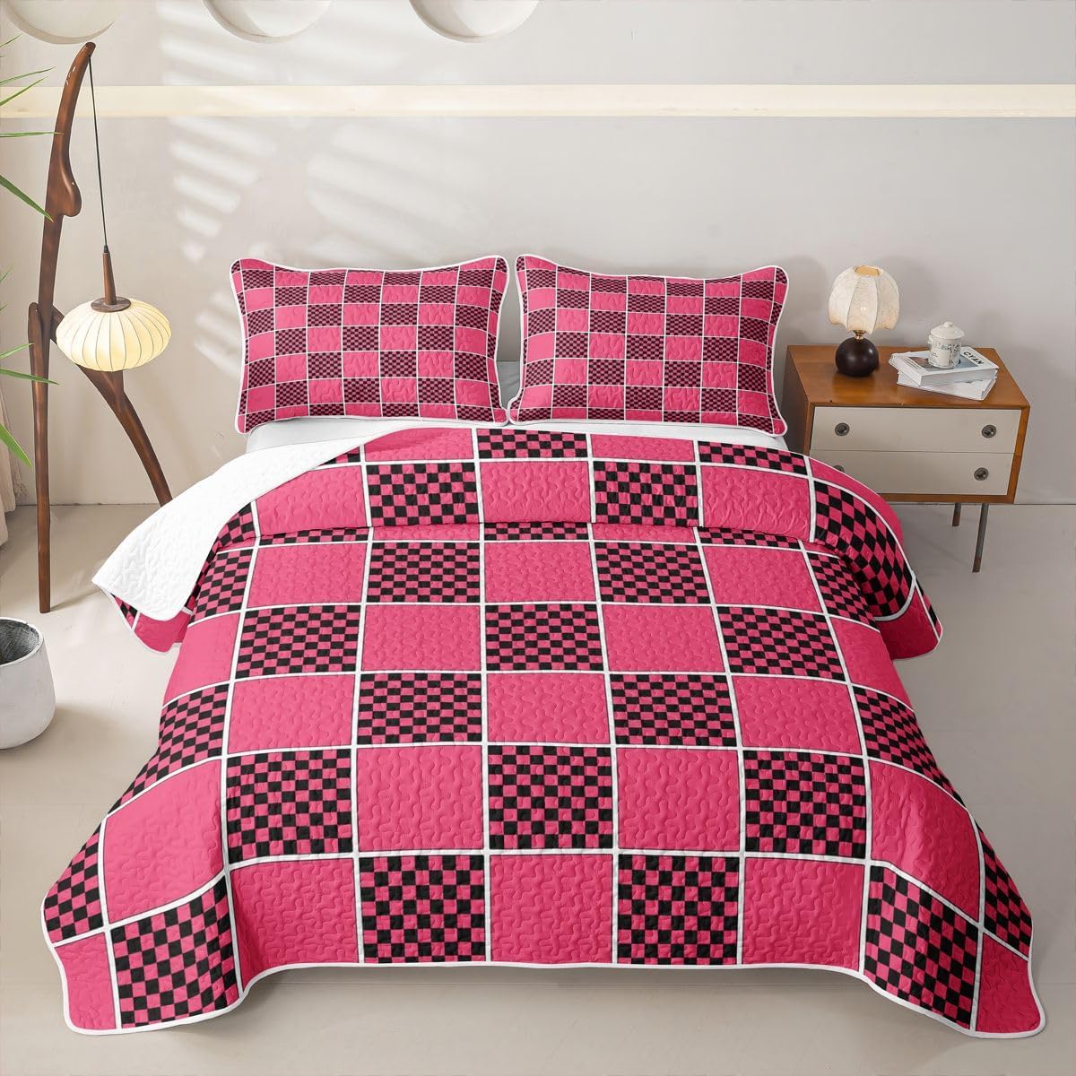 Erosebridal Cute Aesthetic Hot Pink Breathable Quilt Full Size Geometric Checkered Quilt Set Girly Chic Checkered Plaid Quilted Bedspread Pretty Gingham Coverlet for Kids Boys Girls