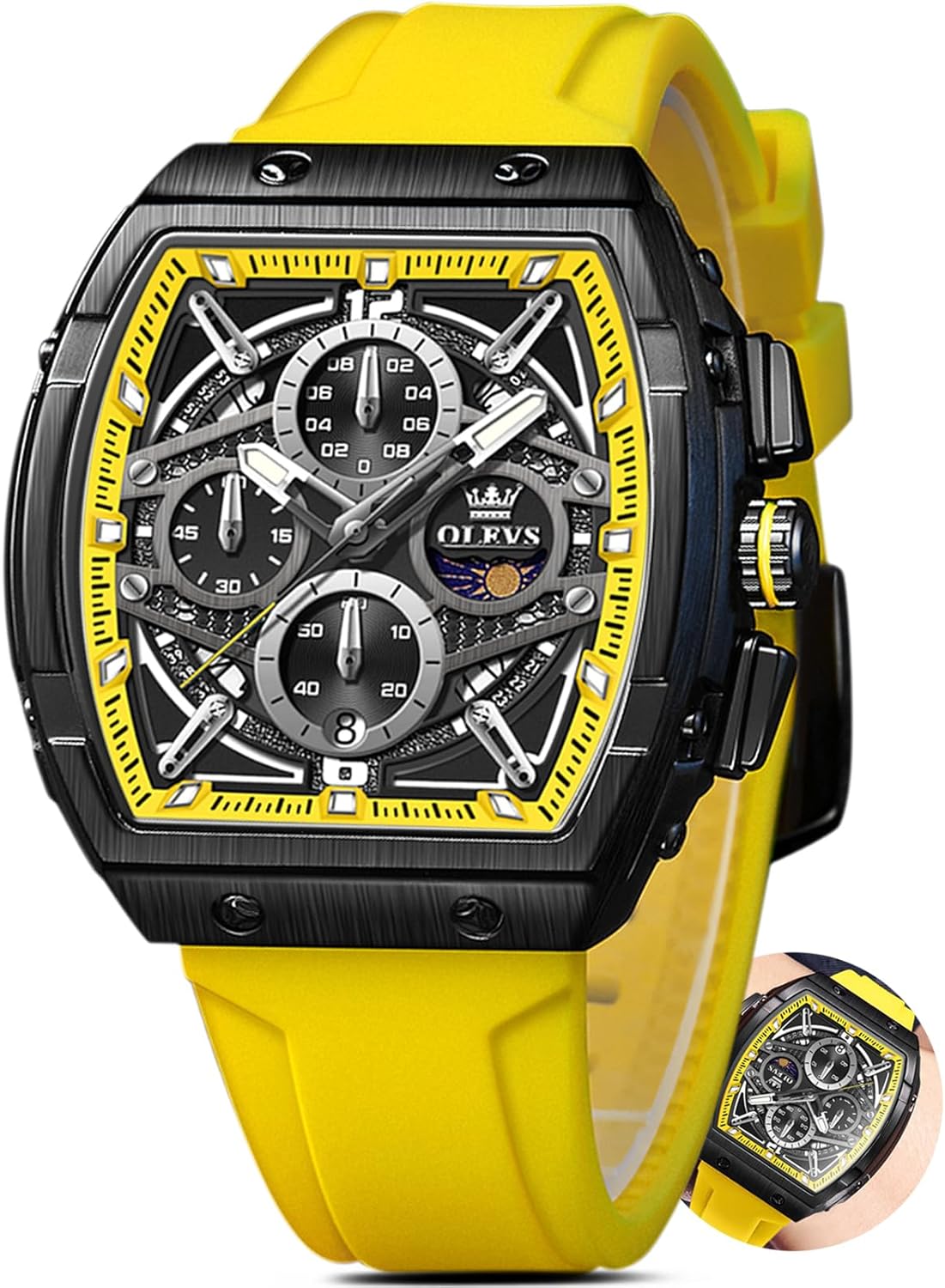 OLEVS Mens Watches Luxury,Silicon Strap Watches for Men,Chronograph Waterproof Business Large Face Tonneau Quartz Fashion Men’s Wrist Watch Dress Relojes para Hombres(Red/Yellow/Black/White Strap)