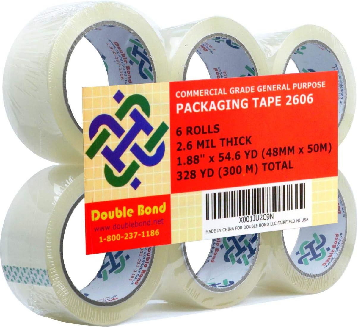 Double Bond Thick (2.6 Mil) Commercial Grade Packing Tape, 1.88"x 54.6 Yds (48mm x 50m), 6 Rolls, Clear (1726-6)