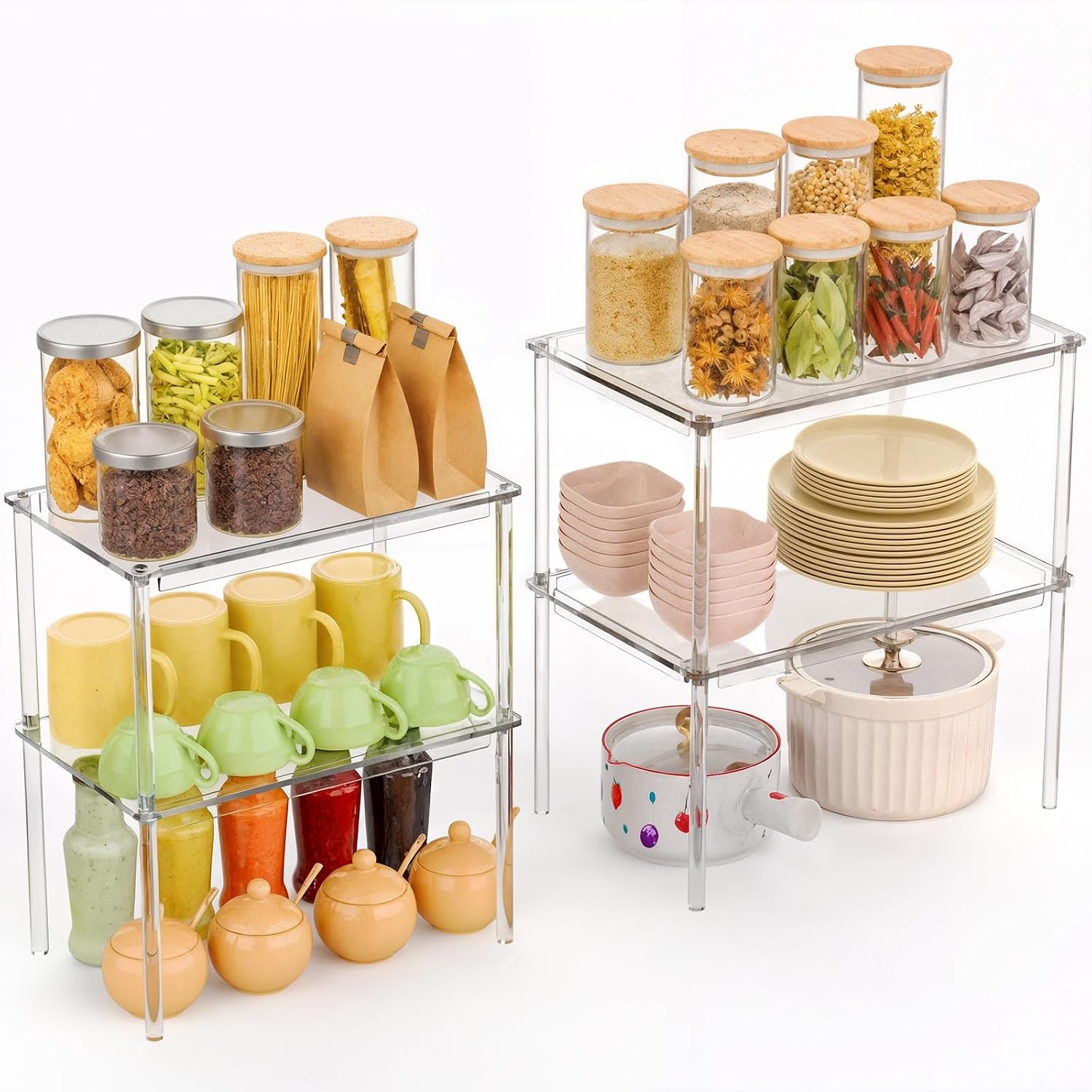 NiHome 4-Pack Clear Acrylic Spice Racks 2 Large and 2 Small, Stackable Cabinet and Countertop Organizer Shelves for Kitchen, Pantry, Bathroom, Holds Spices, Jars, Cups, Bowls, Easy-to-Clean & Non-Slip