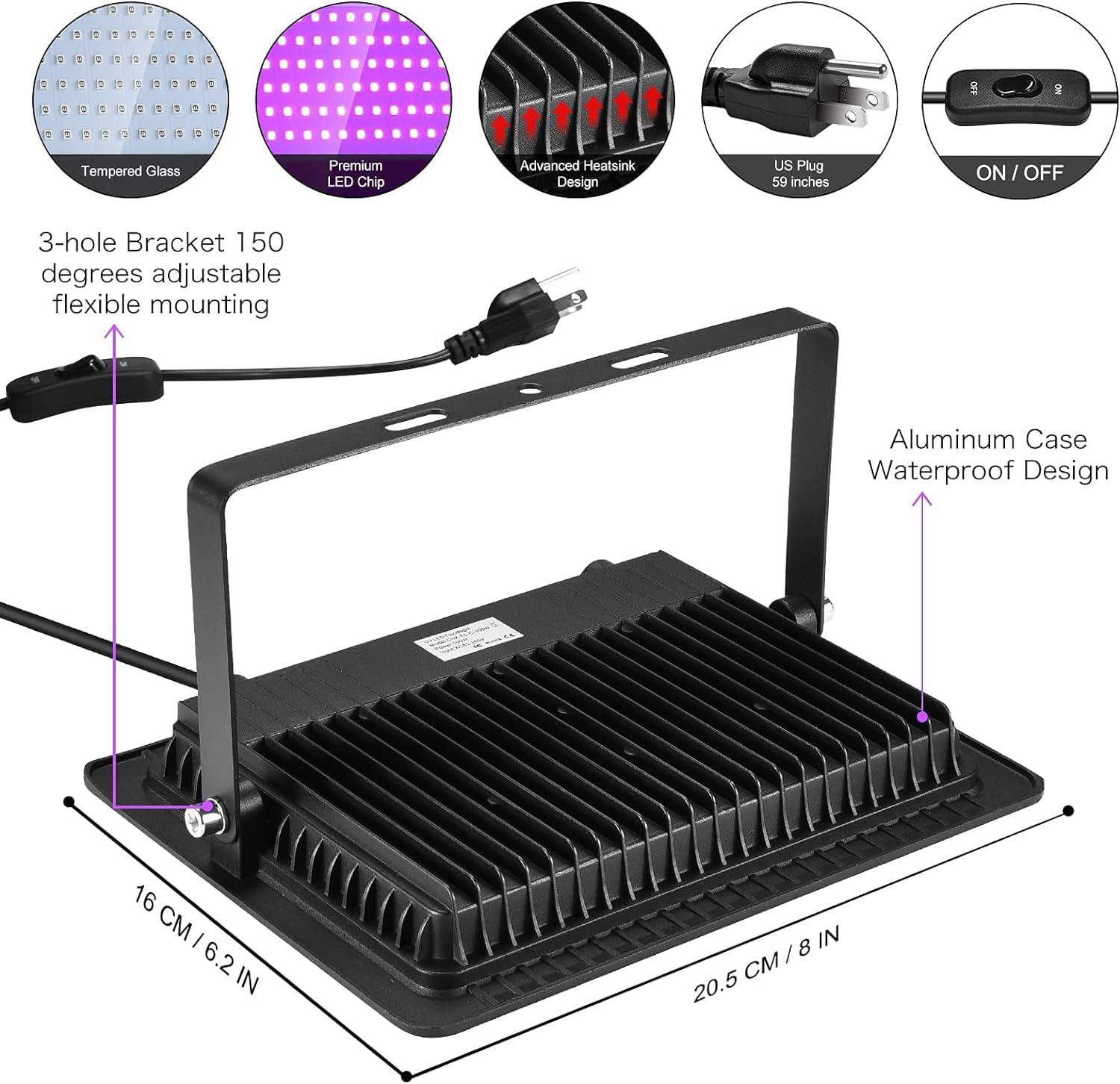 YANYCN 4er Pack 100W LED Schwarzlicht Blacklight Flutlicht mit Stecker und Schalter, 120VAC IP66 Wasserdichtes Schwarzlicht für Halloween Party Leuchten im Dunkeln Bühnenlicht Körperfarbe Neon