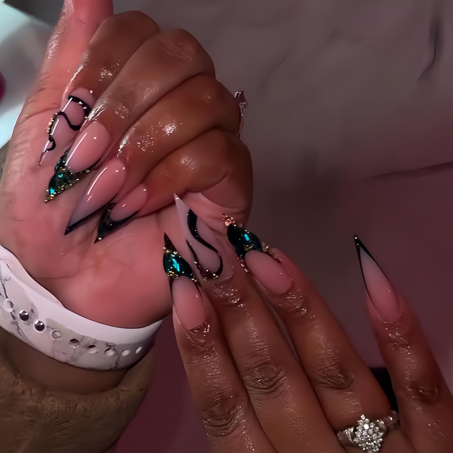 Long Press Stiletto Fake Nails - Pink & Green Rhinestones