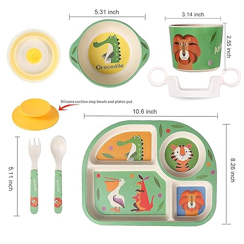 Miniatura 2 de Shopwithgreen - Juego de 5 piezas de fibra de bambú para la comida de los niños plato, tazón, taza, cuchara y tenedor decoración de dibujos