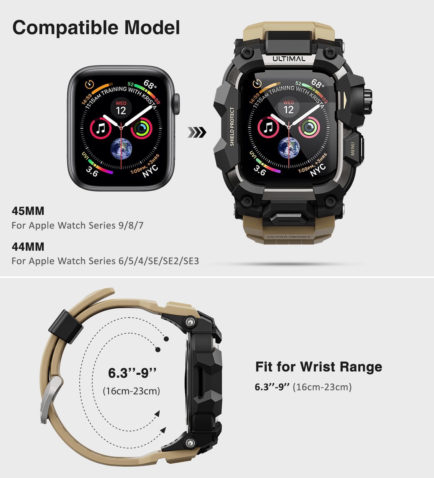 ULTIMAL Coque robuste avec bracelet pour Apple Watch de 44 mm, 45 mm, pour Apple Watch Series SE/SE 2e génération/6/5/4, Series 9/8/7 de 45 mm, pour homme, coque antichoc de qualité militaire pour
