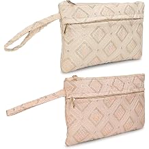 LONGING TO BUY Embroidered Floral Bird Pattern, Regular Use Pouch With Front Zipper, Combo Pack in Multi-Color, Baby Pink & Golden, Vintage Floral