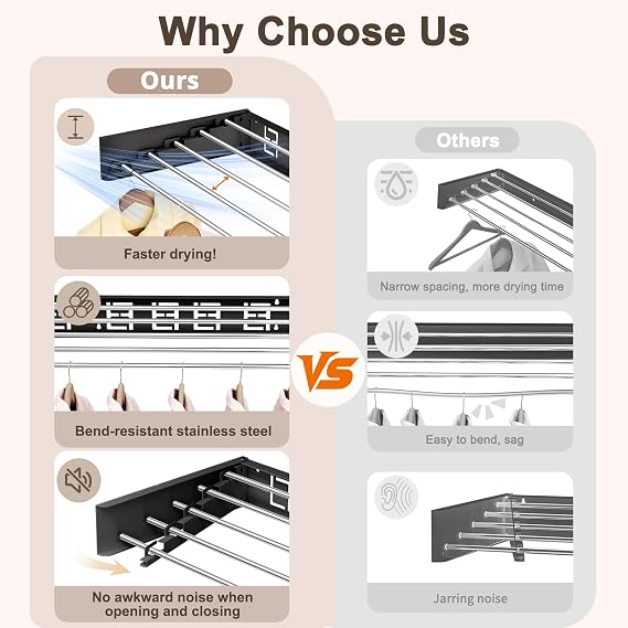 Wall Mounted Clothes Drying Rack Folding Indoor, Foldable Laundry Drying Rack Collapsible,Invisible, Space Saving, Retractable Towel Drying Rack, with Wall Template(5 Drying Rods, Black 32)