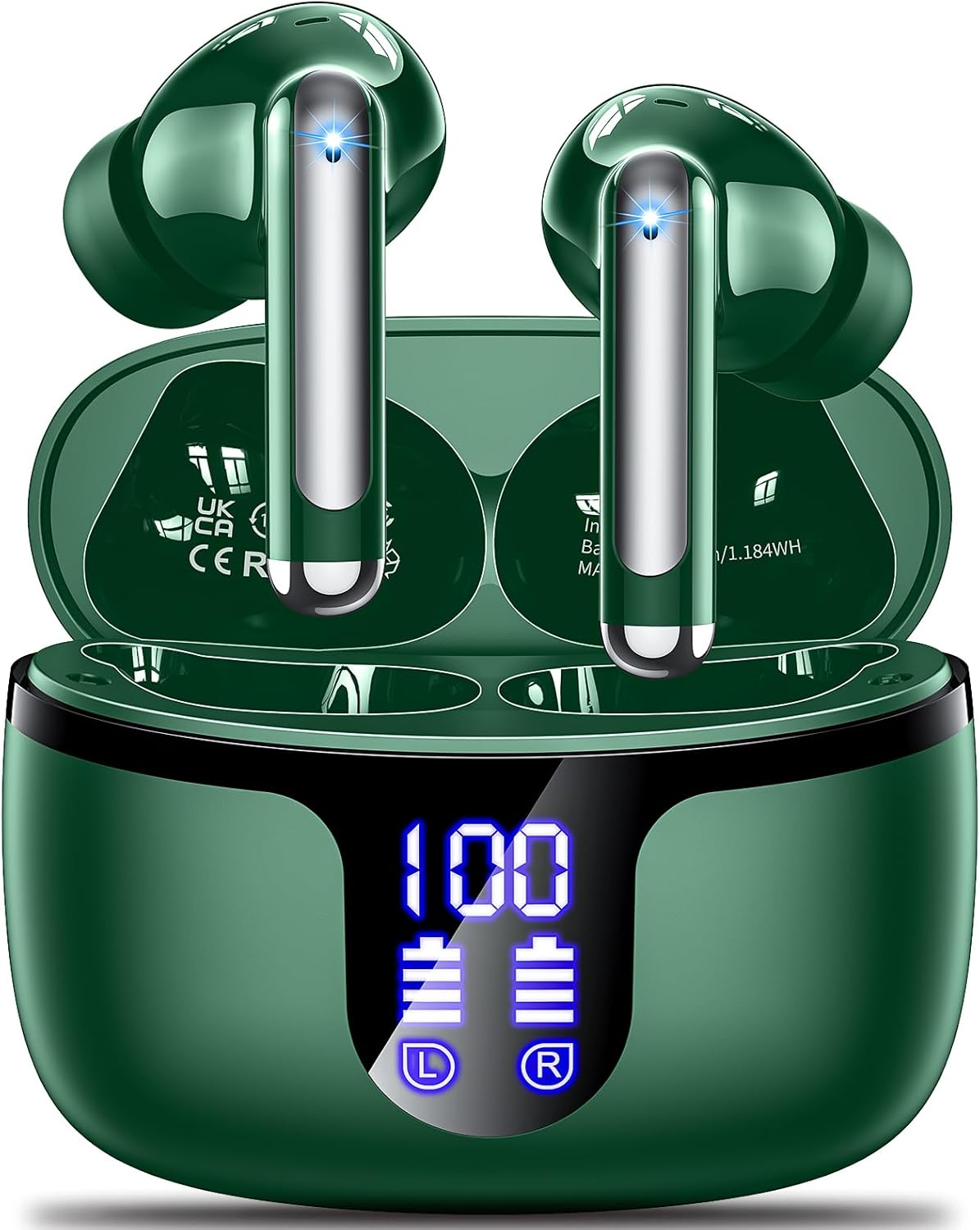 Wireless Earbuds Bluetooth 5.4 Headphones HiFi Stereo 42H Playback in Ear with 4 ENC Noise Cancelling Mic, IPX7 waterproof and LED battery display screen for Running Fitness Office Ear Buds in Green