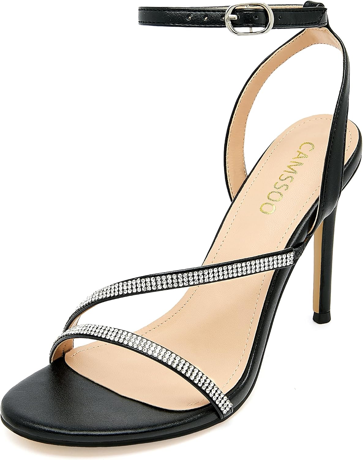 CAMSSOO Rhinestone Strappy Heels for Women Open Toe Ankle Strap Stiletto High Heel Sandals for Wedding, Party, Prom, Evening
