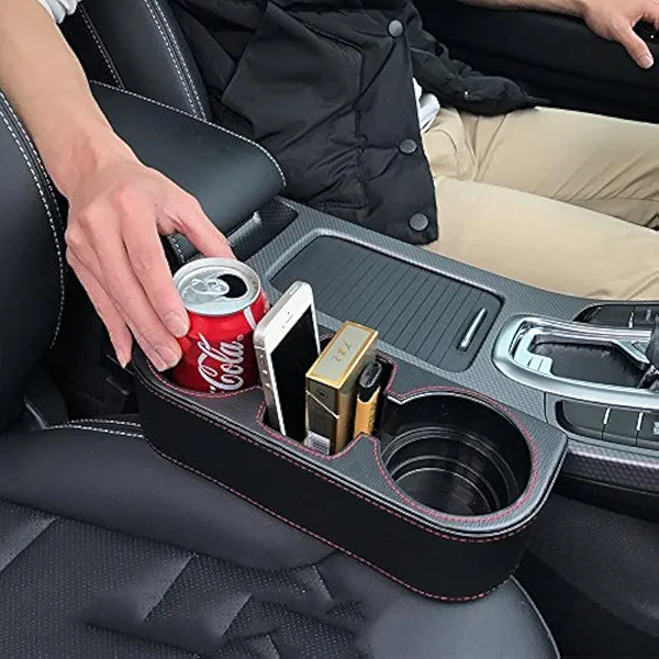 IOKONE Car Cup Holder, Auto Cup Drink Holders，Multifunctional Auto Front Seat Organizer with PU Leather Cover, Gap Filler Storage Box Coin Bucket Console Side Pocket Cell Mobile Phone Holder (Black)