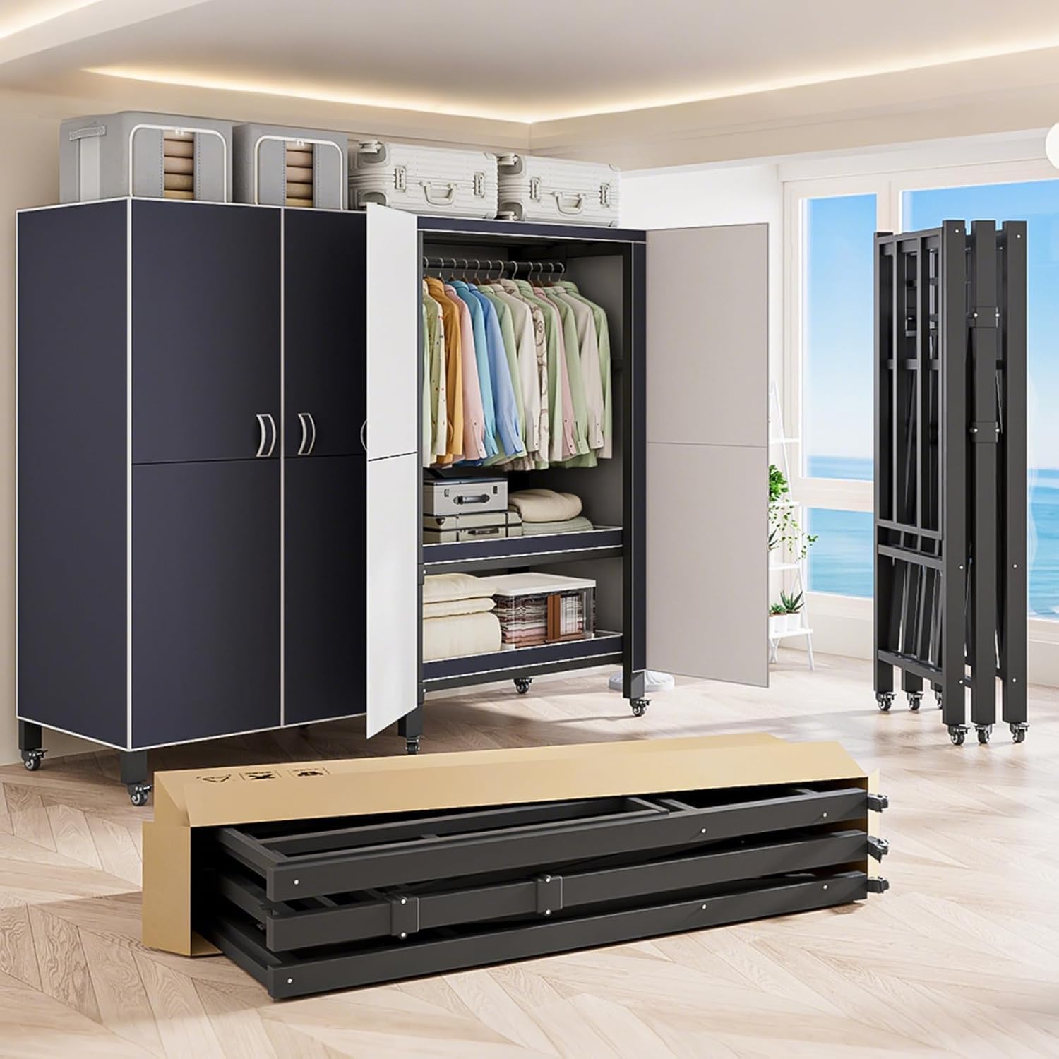 Heavy Duty Covered Clothes Rack with Magnetic Door Foldable Portable Wardrobe Closet for Hanging Clothing Rolling Black Metal Garment Rack on Wheels Closet System (Dark Gray, 49.2in)