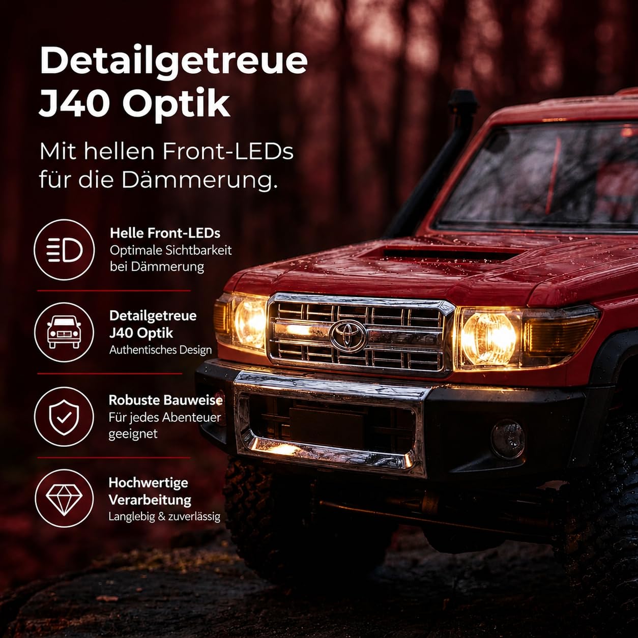 Toyota Land Cruiser | Ferngesteuertes RC Auto 1:12 | 4WD Crawler Pickup | Steuerung 2.4 GHz 100 m | LED Licht | Li-Ion 7.4 V 500 mAh 30 min | RTR Komplettset Offroad (Rot)