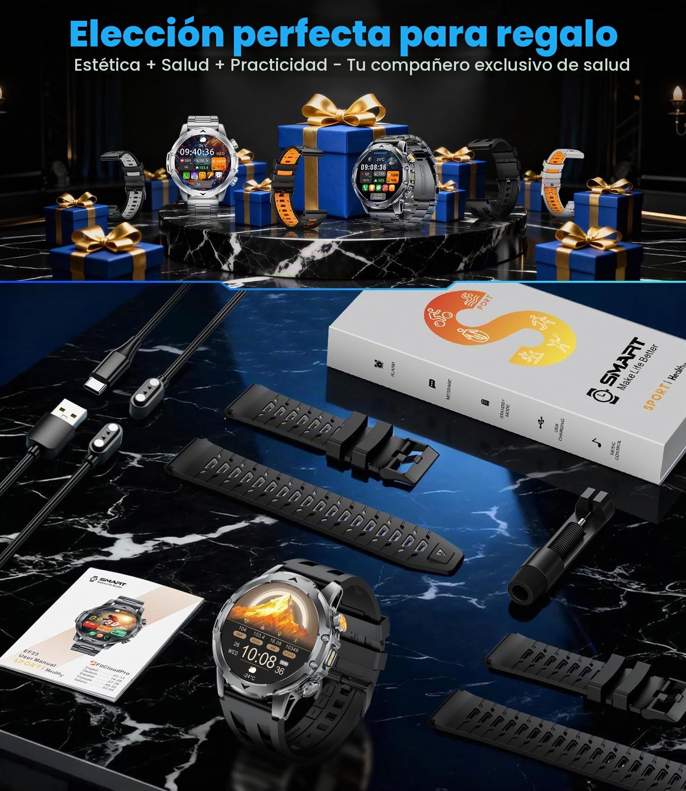 Reloj Inteligente Hombre con 1000mAh/Linterna, 1.53" HD Militar Smartwatch Hombre con Llamadas Bluetooth, Monitor de Sueño, SpO2, IP68 Impermeable, 120+ Modos Deportivos para Android iOS