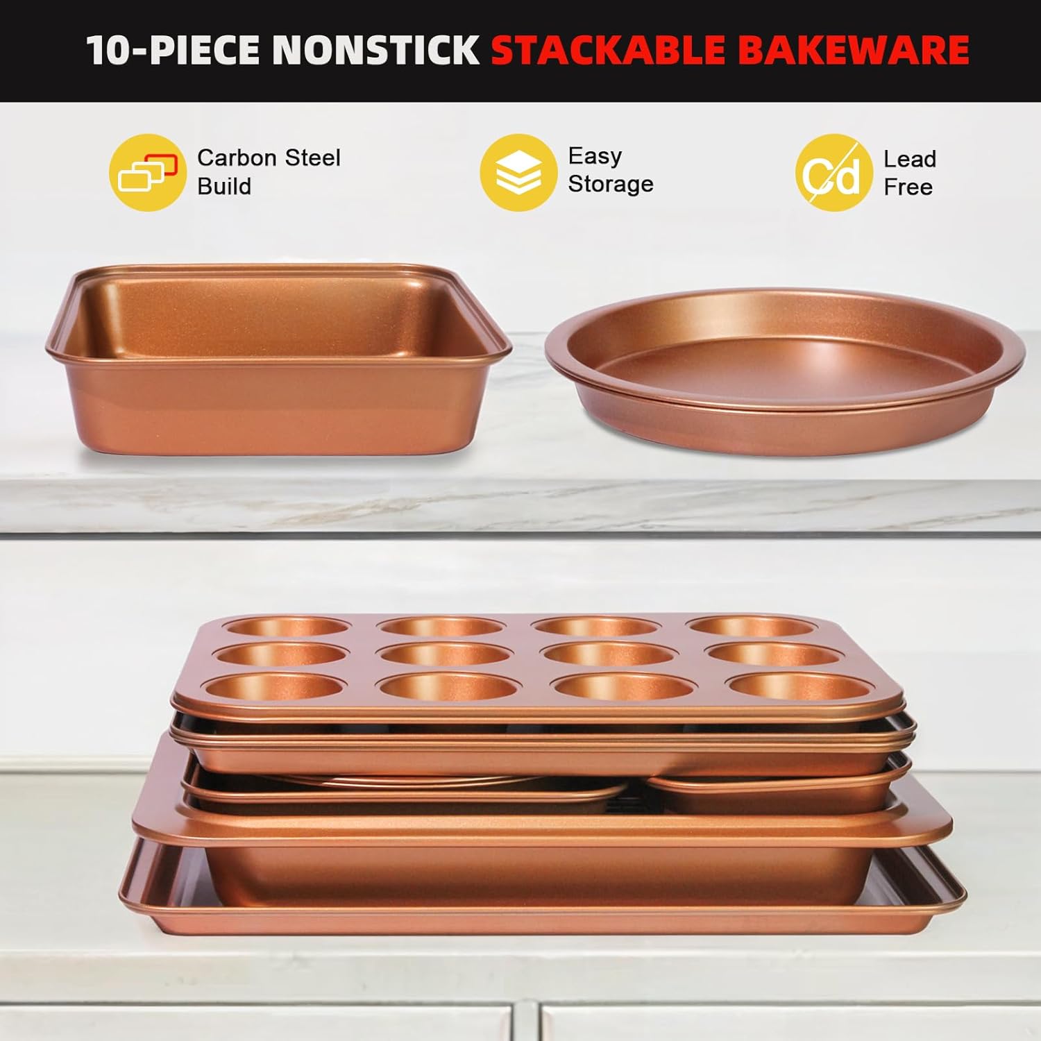 10-Piece Nonstick Baking Pans Set, Includes Cookie Sheet, Muffin Tray, Bread Pan, Cake Pan, Loaf & Roasting Pans, Golden Baking Set