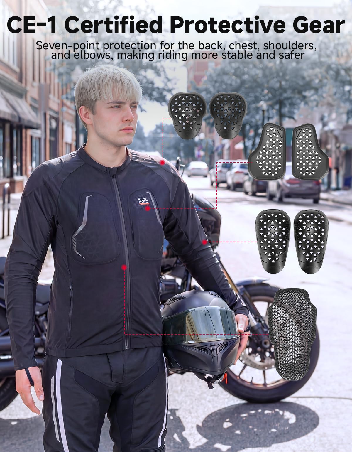 KEMIMOTO Giacca Moto Uomo, Traspirante Leggero Giubbotto Motociclista con 7 Protezioni CE Rimovibile, Giacca da Moto con Riflettenti per Motociclismo Estivo