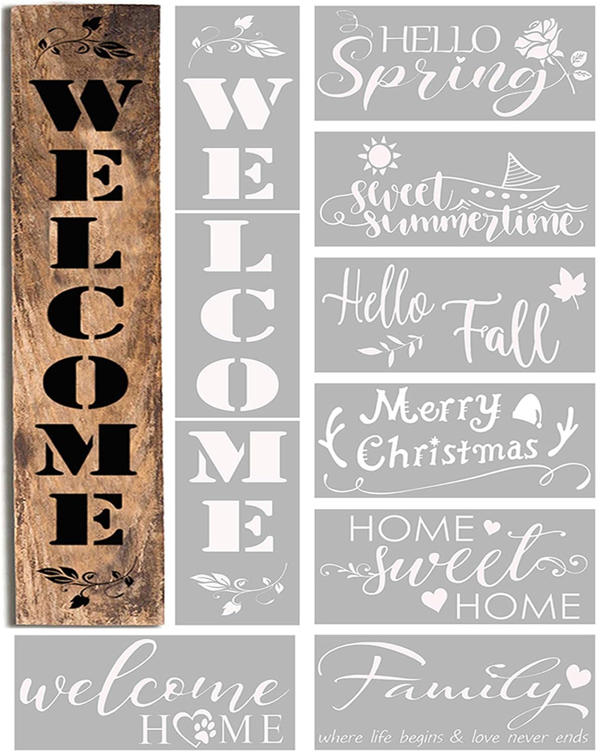 Reusable Stencils for Painting on Wood and More - Easy Paint Welcome Sign Stencil for Front Door, Porch or Outside Home Decor - Comes with Seasonal Stencils and Sweet Home Stencils