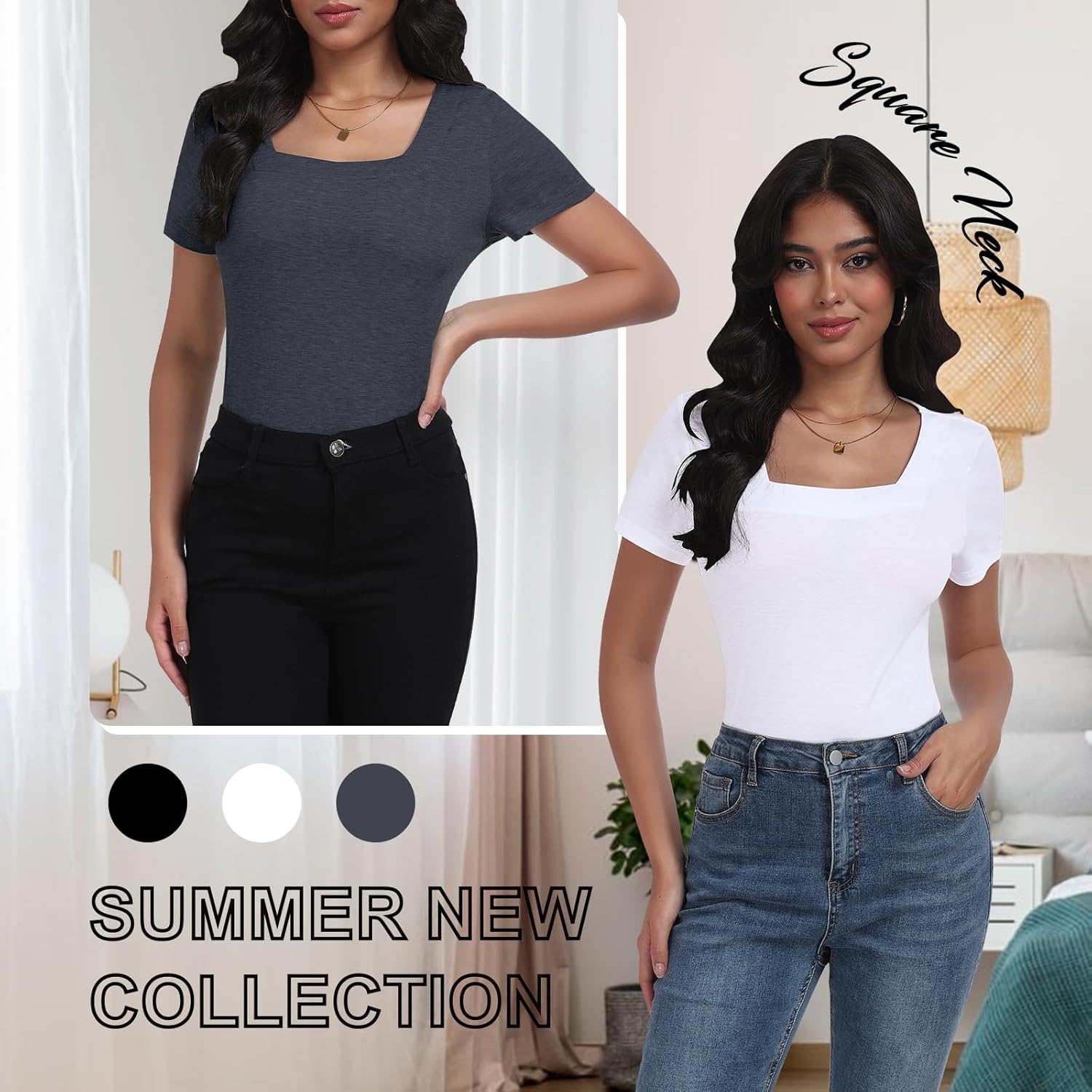 Women T Shirts 3 Pack Basic Womens Tops Short Sleeve Square Neck Tees for Women Casual Summer Outfits Clothes 2025 - Image 4