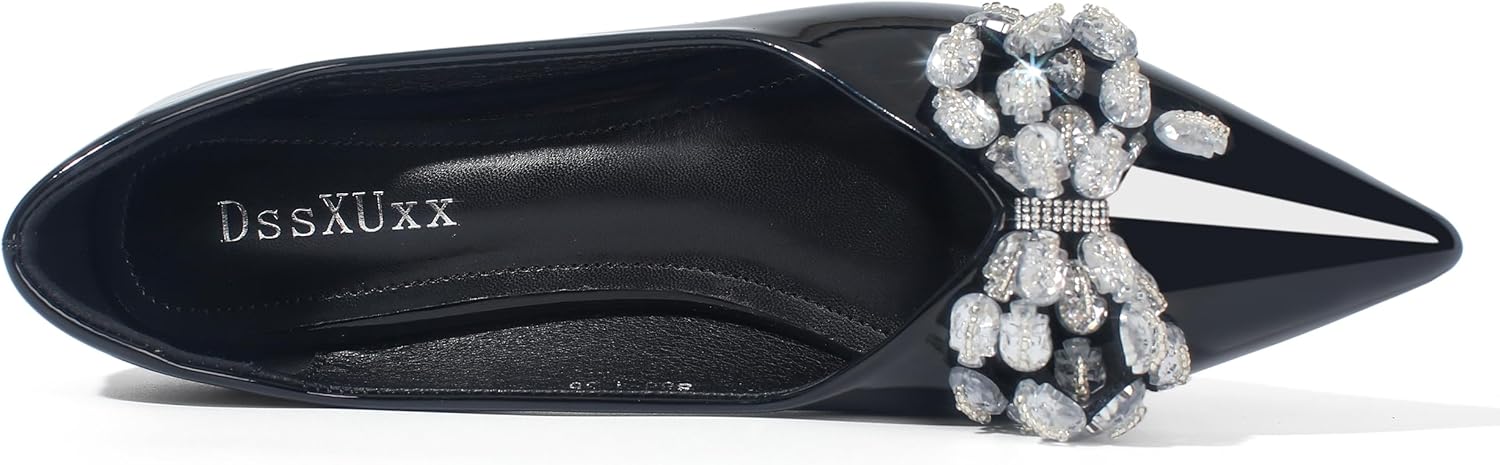 DssXUxx Flats for Women Comfortable Leather Pointed Toe Ballerina Shoes Rhinestone Bow Comfort Slip On Flats Light Weight Dress Shoes Black-10.5 - Image 3