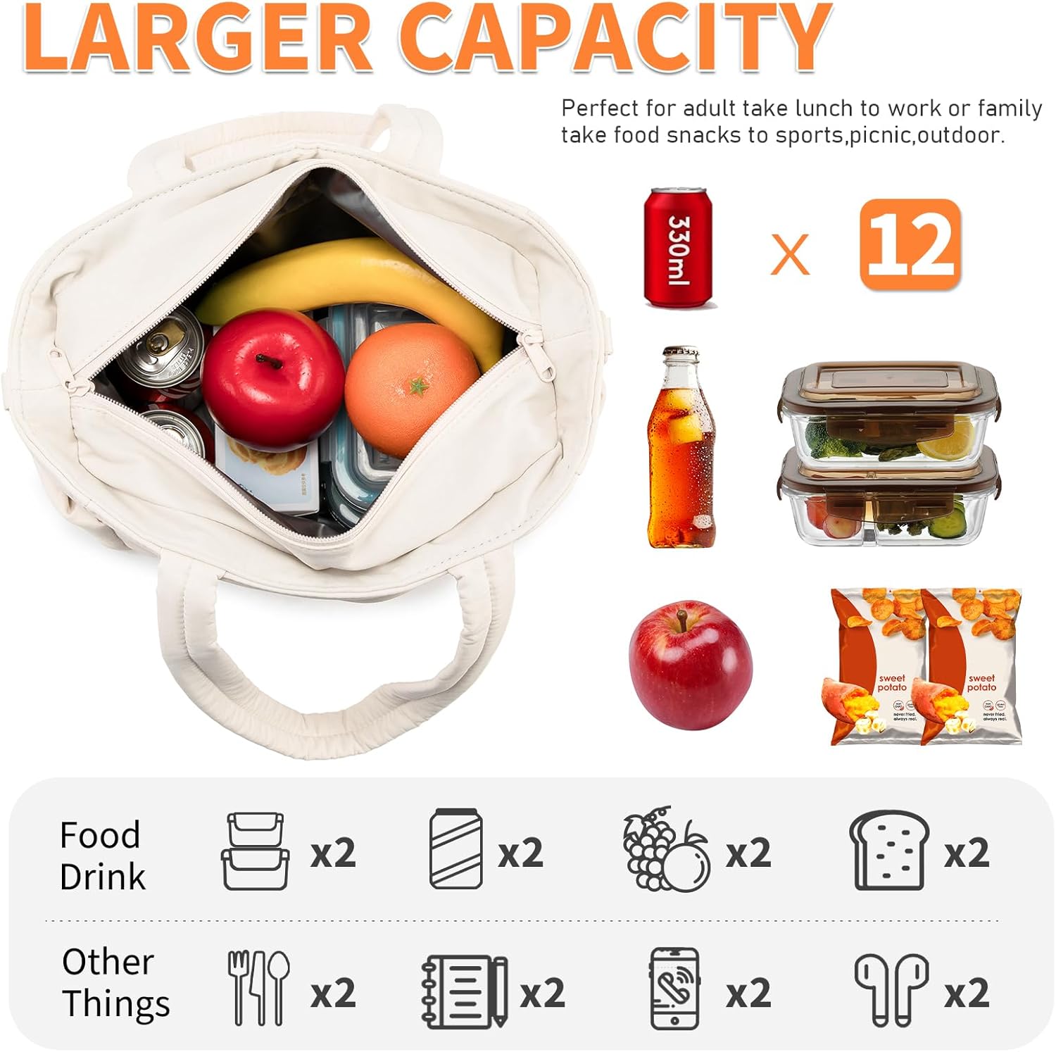 NOL Natural Organic Lifestyle Lunch Bag for Women – Lightweight Puffy Leakproof Cooler Tote with Adjustable Strap, Freezable & Insulated for Work/Outdoor (Cream)