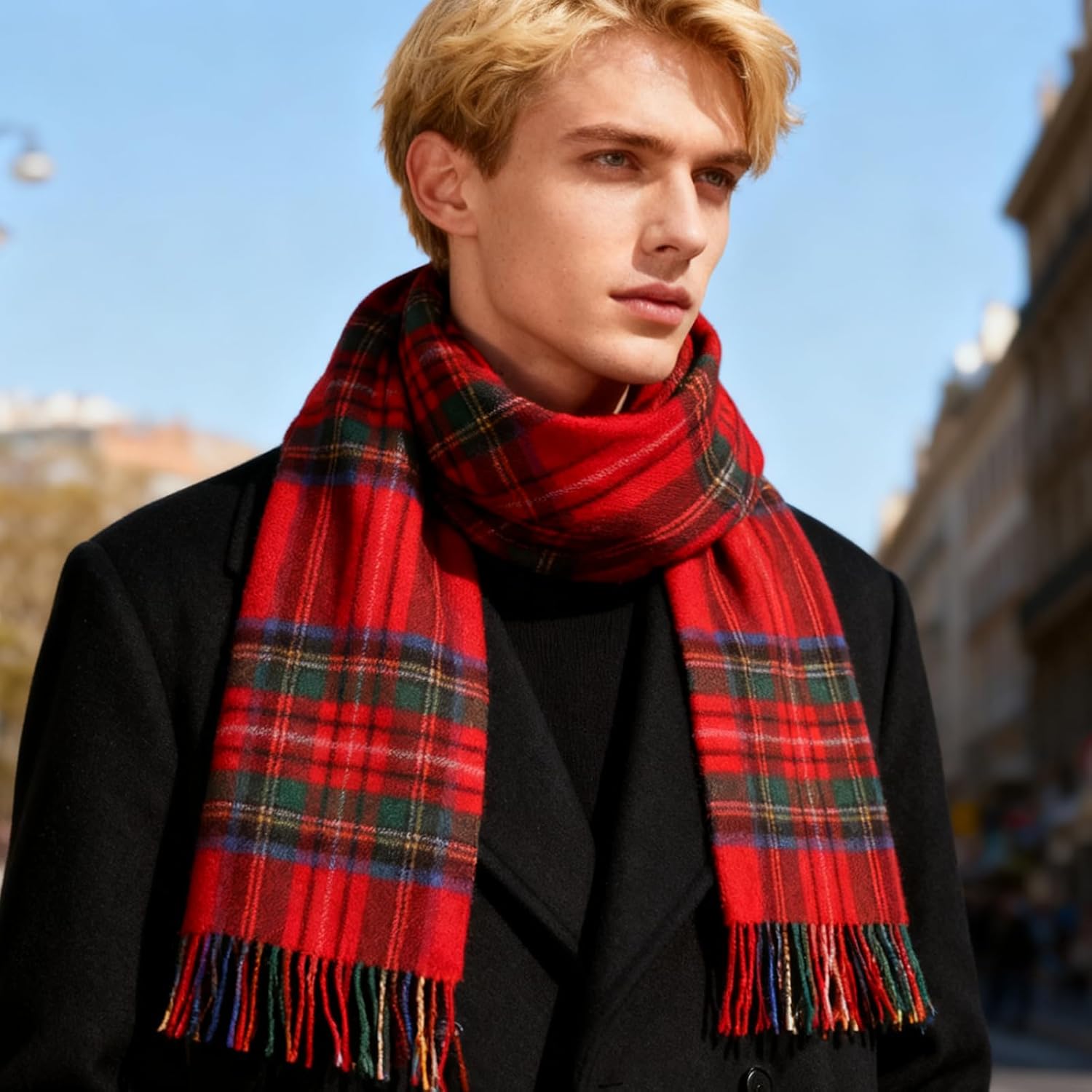 100% Cashmere Plaid Tassel Scarf for Women and Men, Winter Warm Long Scarves, Large Travel Blanket Scarf Wrap in Gift Box - Image 2