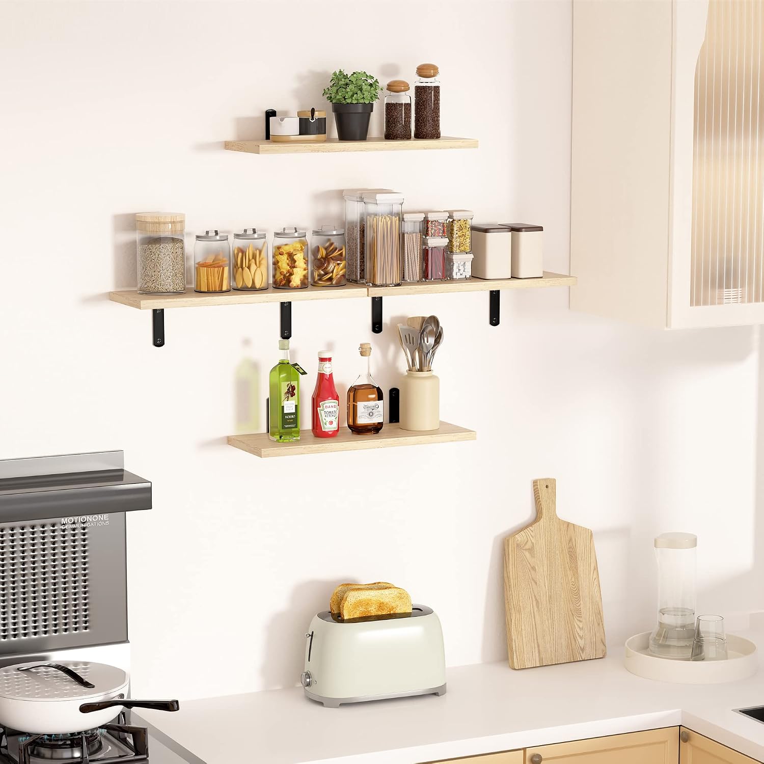 upsimples Floating Shelves for Wall Decor Storage, Light Brown Wall Mounted Shelves Set of 5, Sturdy Small Wood Shelves Hanging for Bedroom, Living Room, Bathroom, Kitchen, Corner, Book