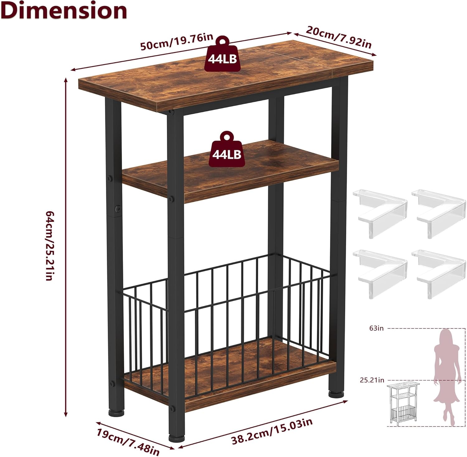 Heybly Small Narrow Side Table for Small Space, Thin Bedside Table with Storage Basket, Skinny End Table, 25.2" Tall Nightstand, Couch Table for Living Room, Bedroom, Study, Rustic Brown, HET004SR1