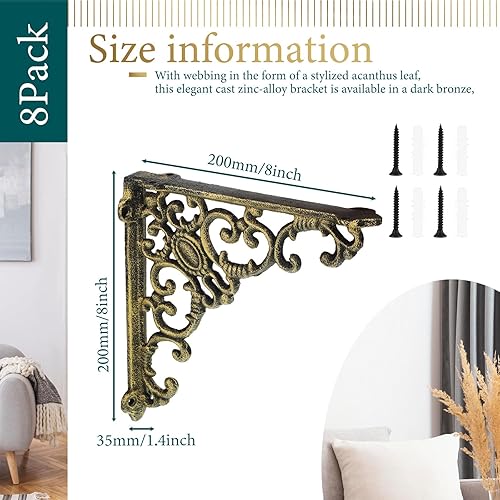 Miniatura 2 de Lounsweer Paquete de 8 soportes de estante de latón antiguo resistentes de 8 pulgadas para montaje en pared, soportes decorativos de metal flotante